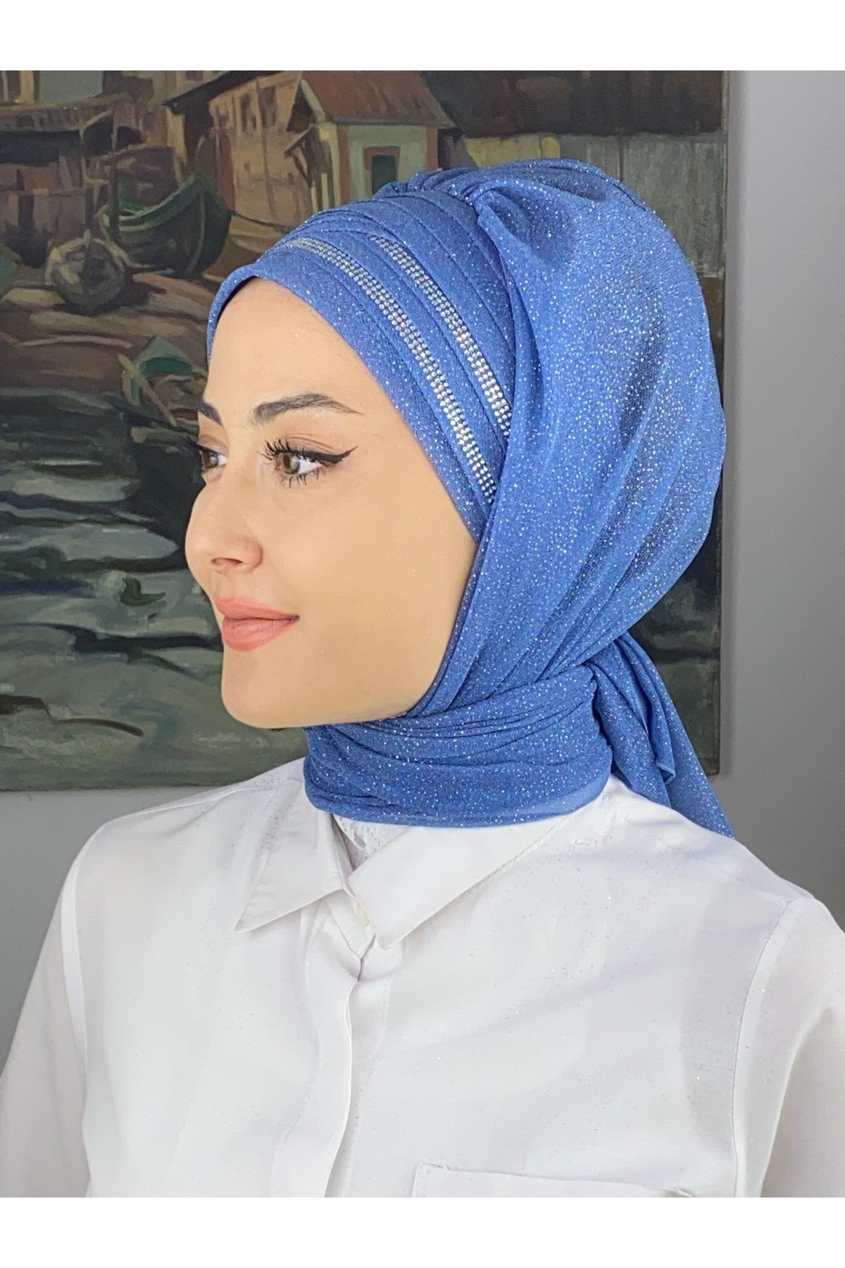 Gümüş Taşlı Drape Detaylı Simli Şal