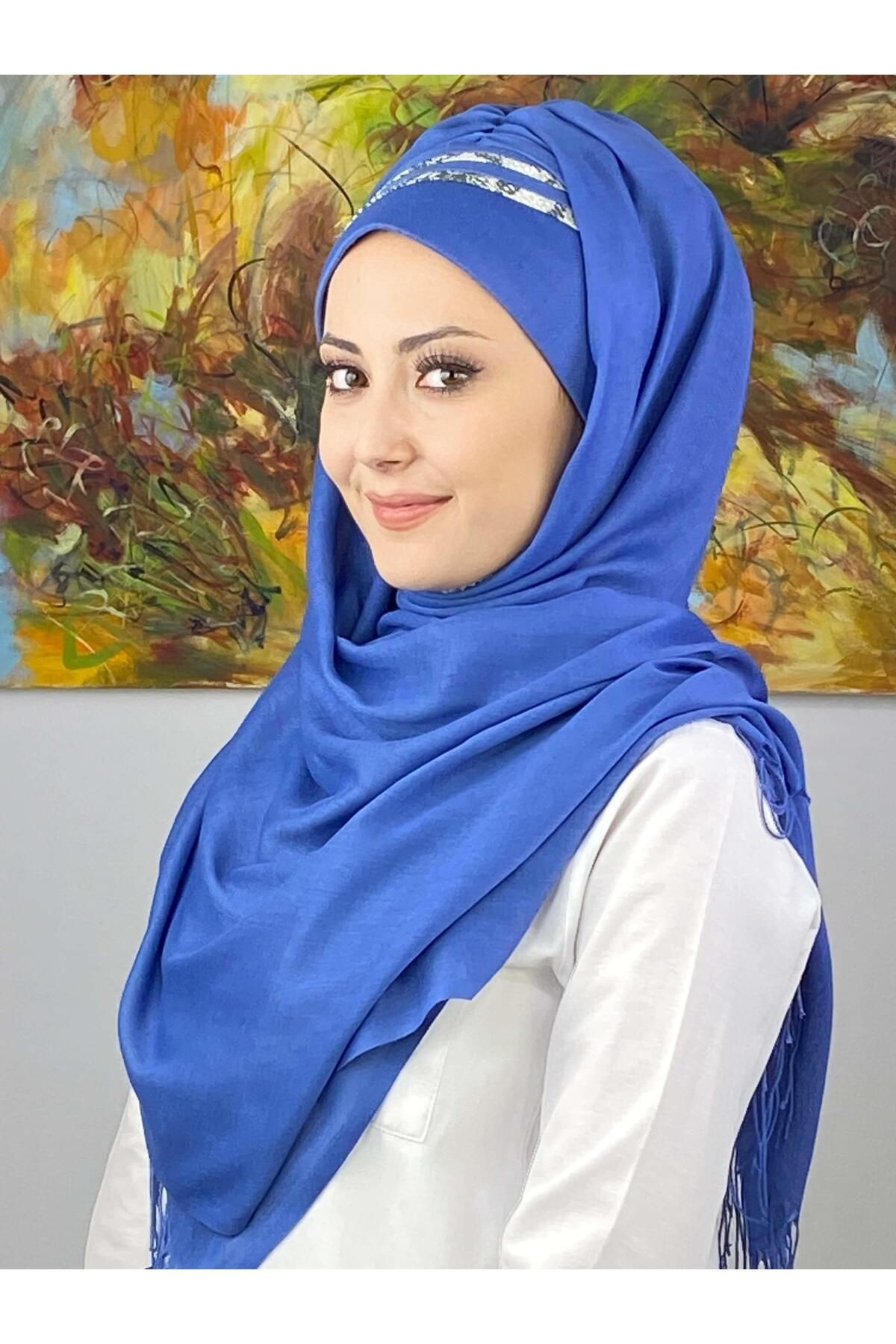 Saray Model Yan Drapeli Gri Puantiye Şeritli Hazır Şal