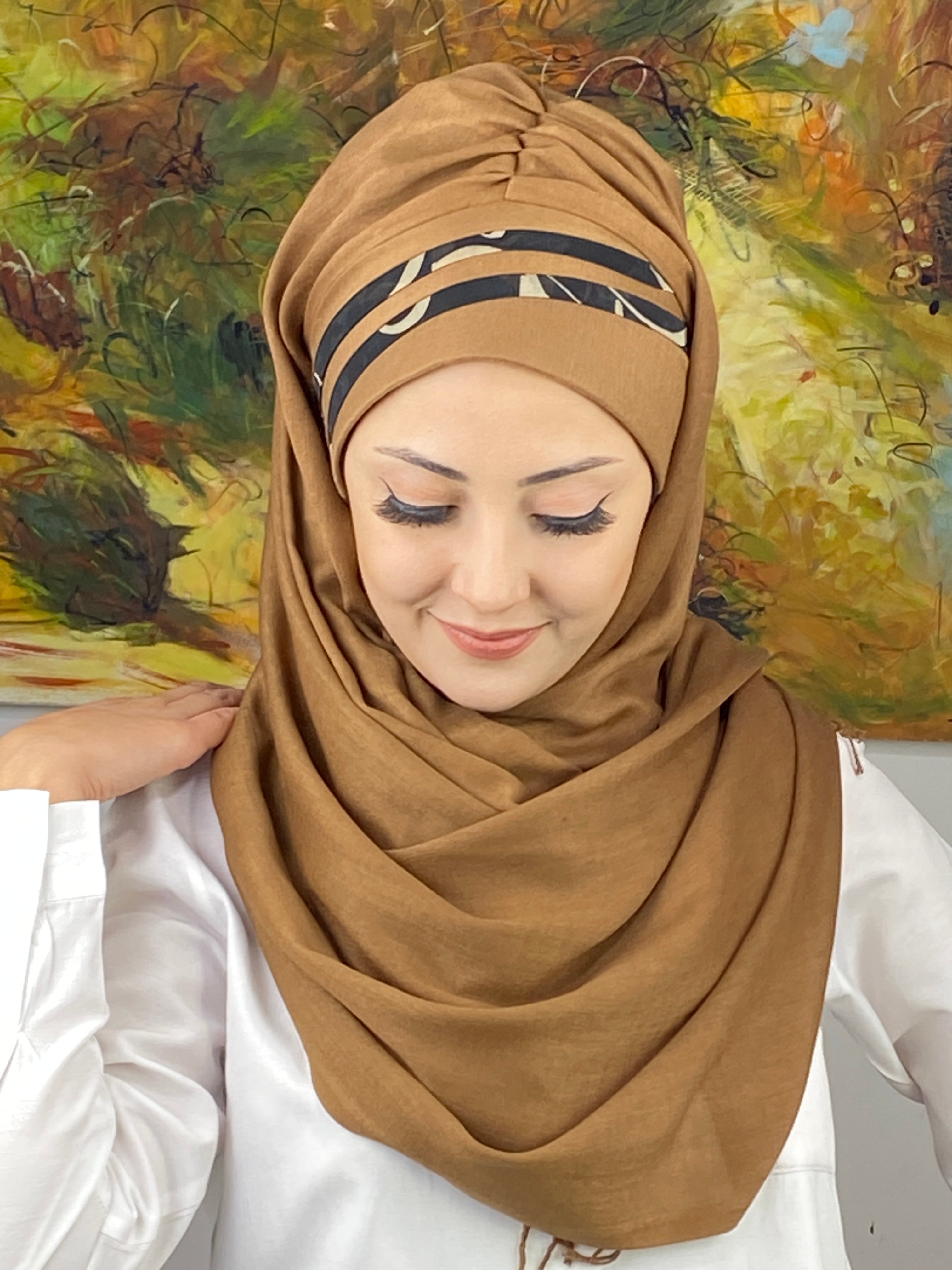 Saray Model Siyah Şeritli Desen Açık Sütlü Kahve Hazır Şal