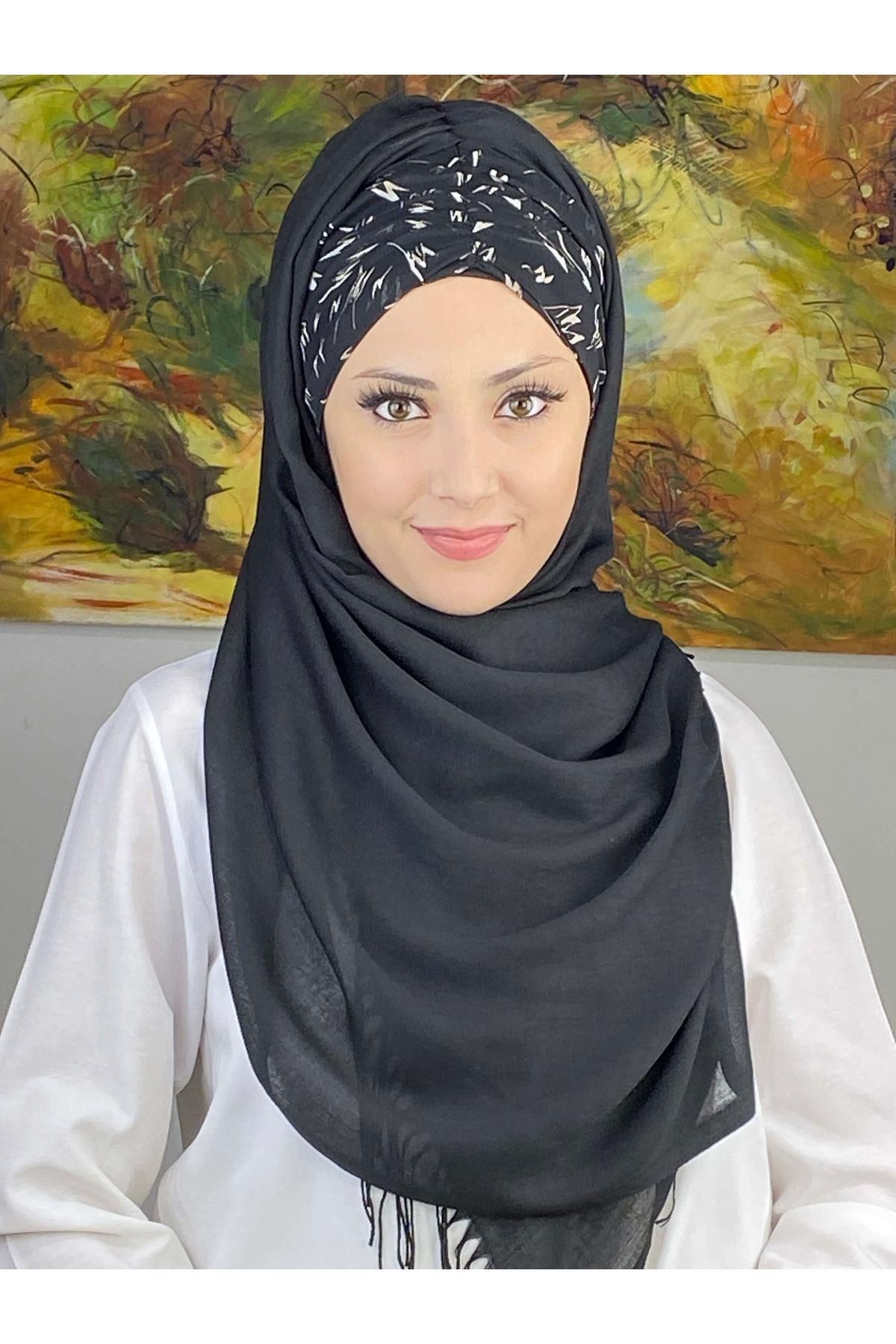 Siyah Beyaz Desenli Siyah Büzgülü Hazır Şal