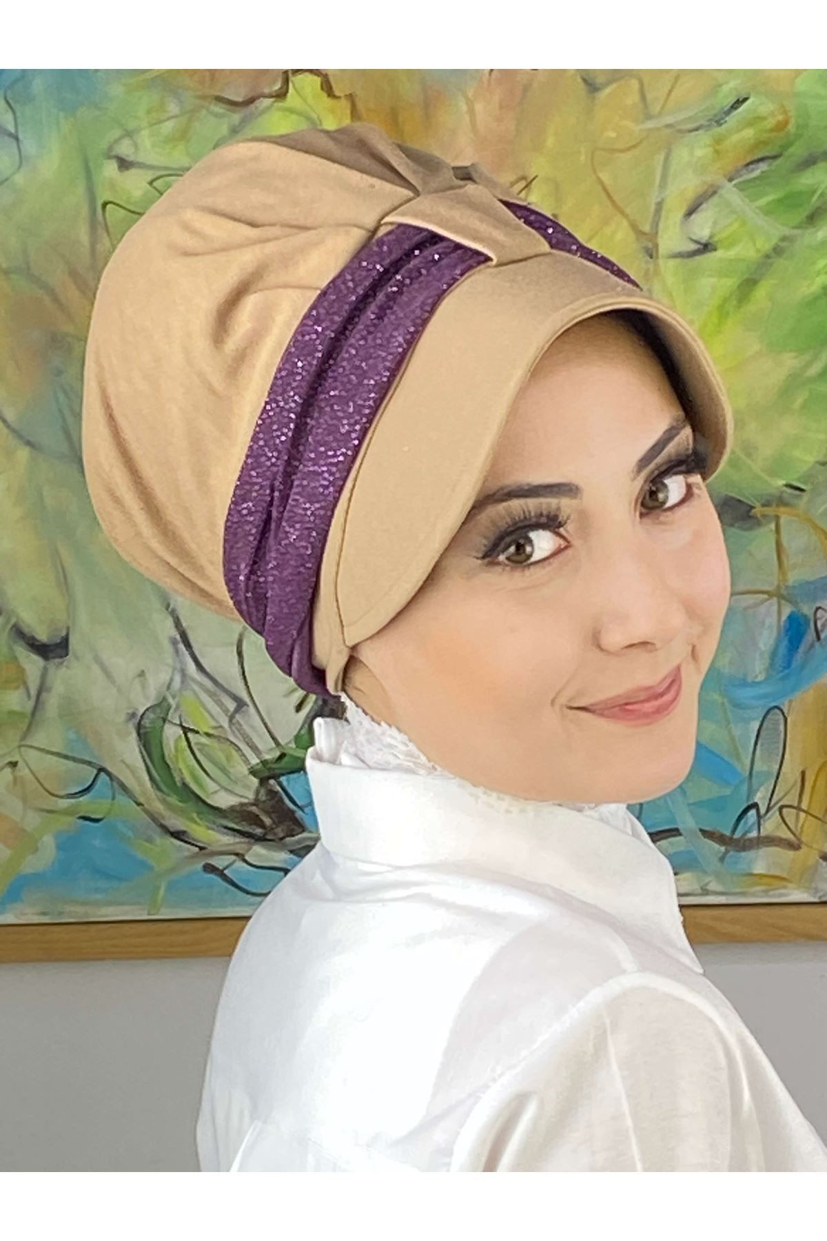 Cırtcırtlı Koyu Mor Simli Şifon Fularlı Şapka