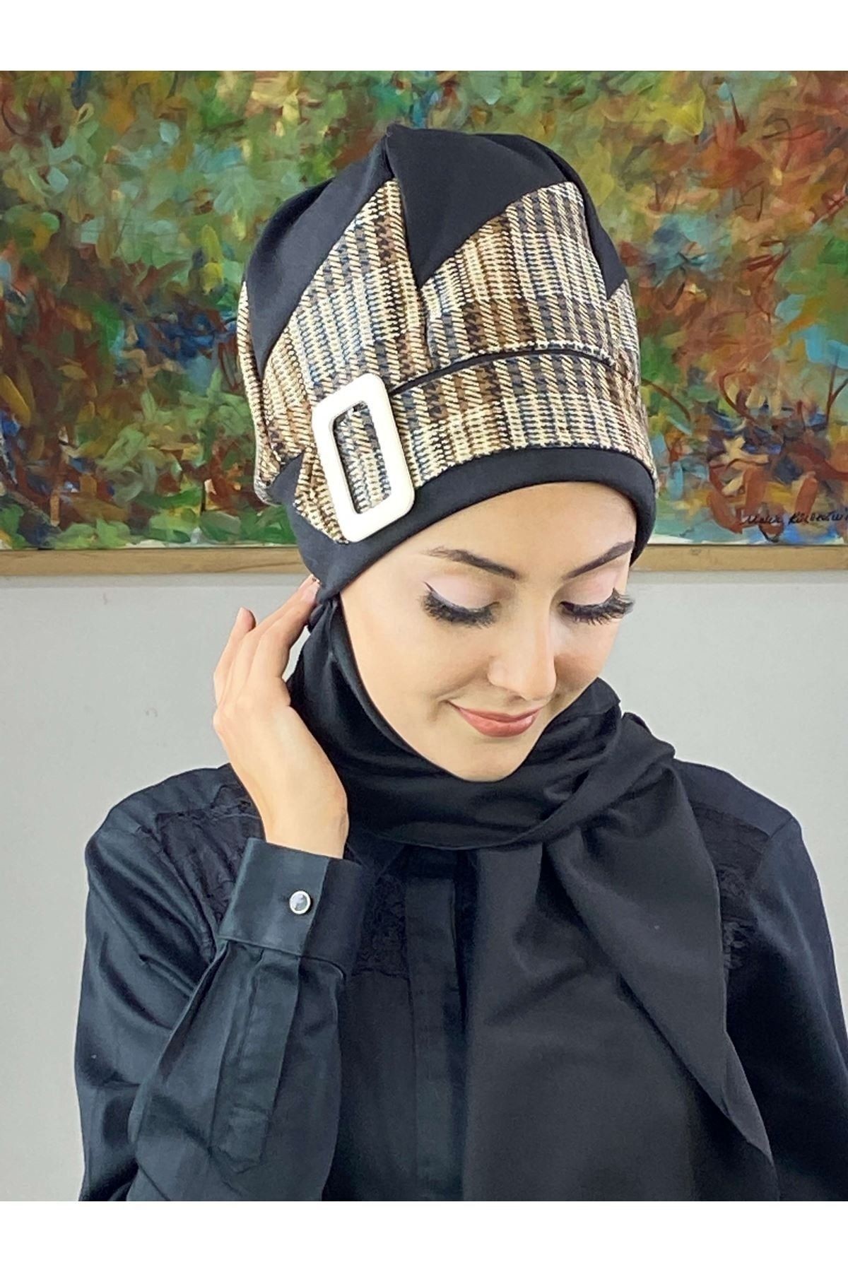 Çarkıfelek Siyah İri Ekose Desenli Atkılı Tesettür Bere
