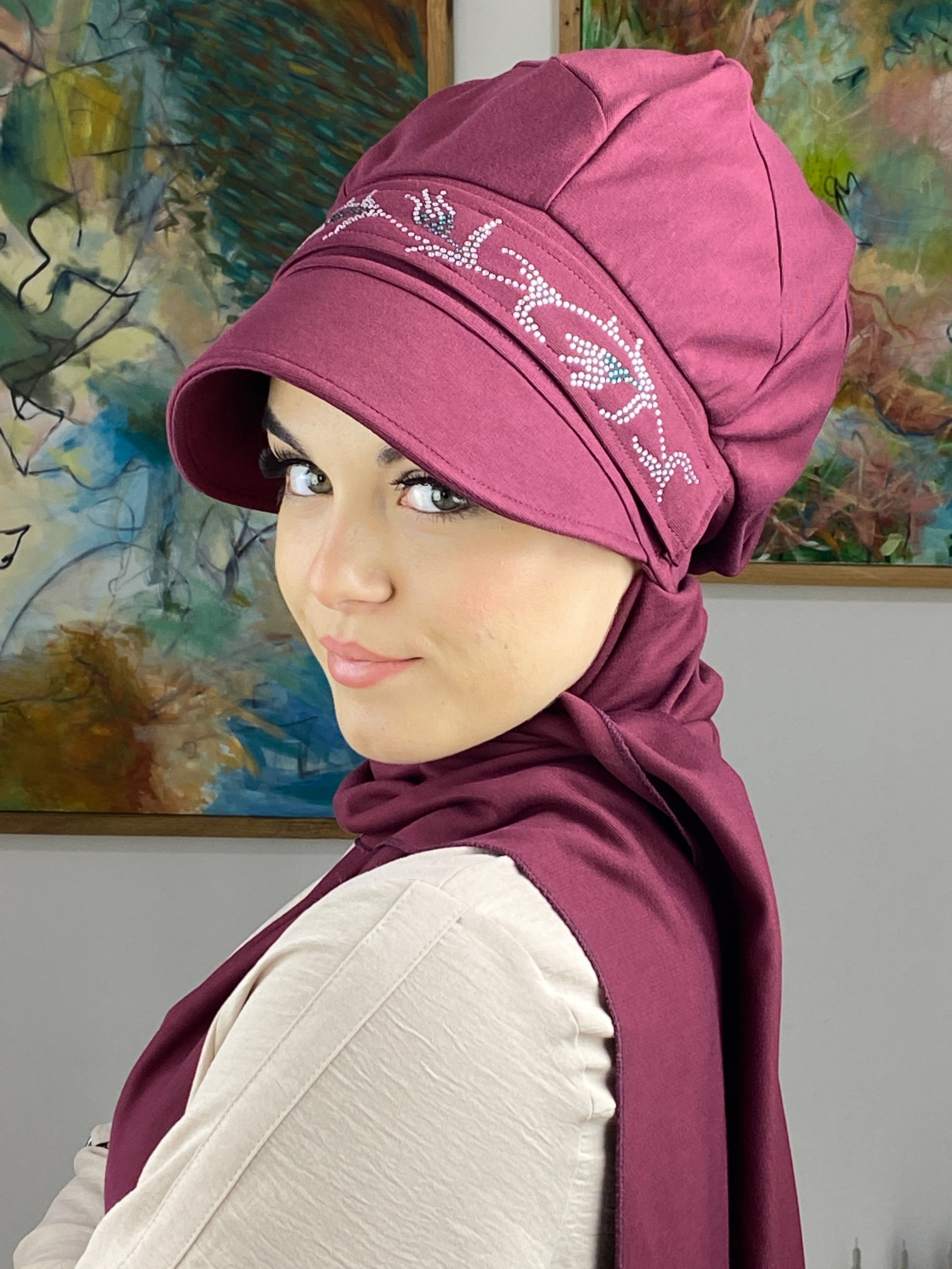Taşlı Model Atkılı Şapka  - bordo