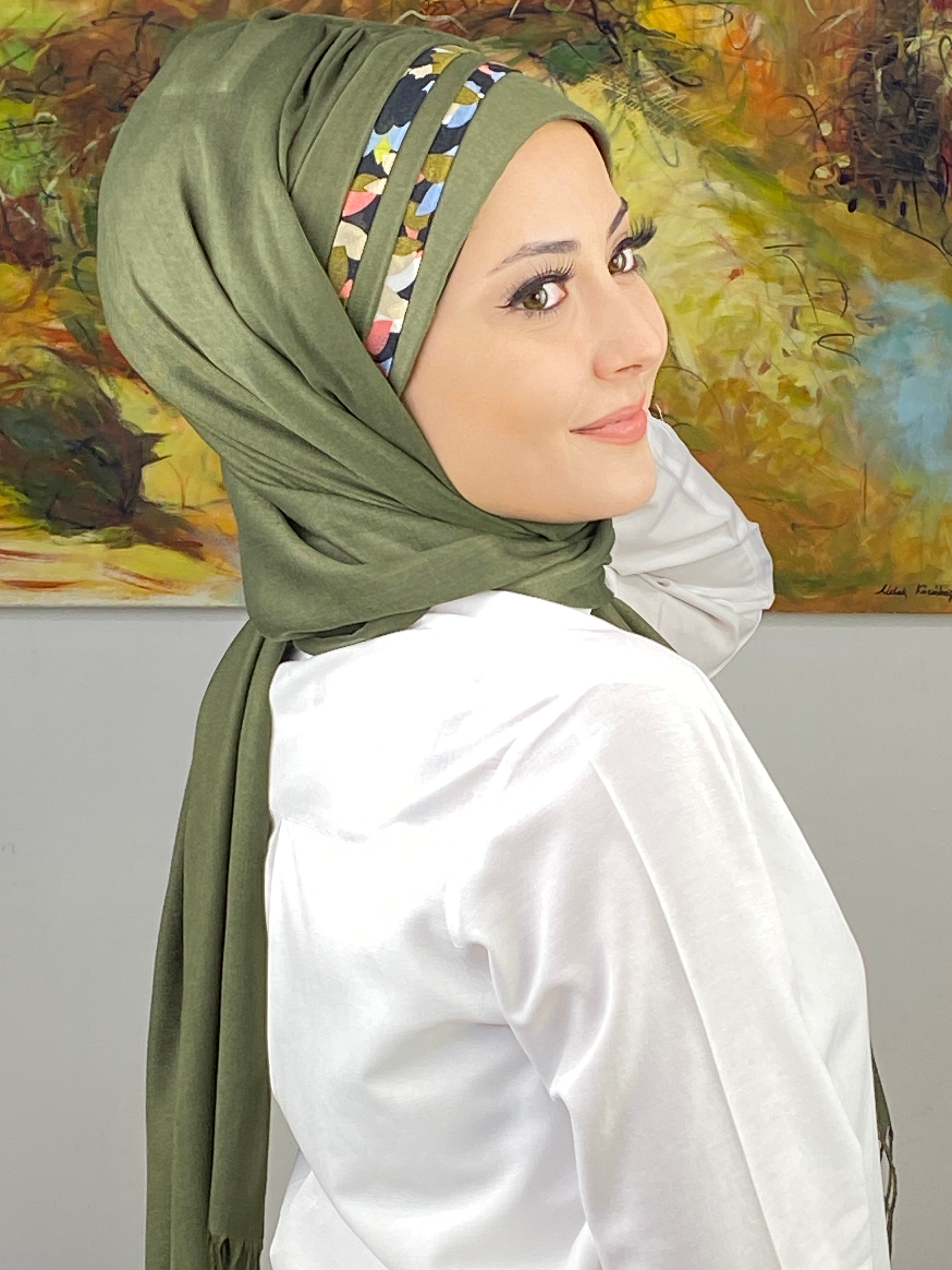Saray Model Yeşil Çiçek Şeritli Yağ Yeşili Hazır Şal
