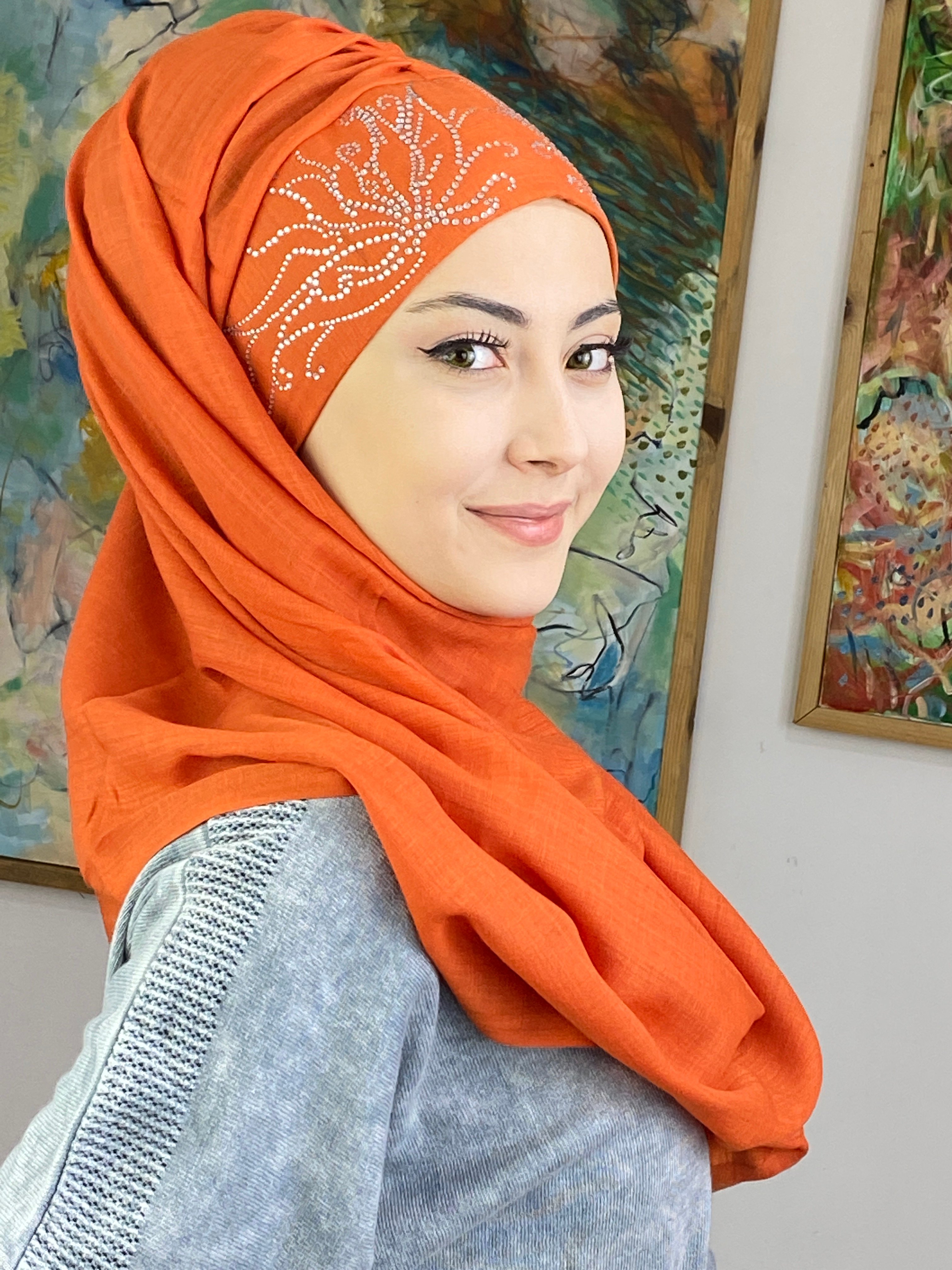 Yaprak Taşlı Model Büzgülü Şal - turuncu