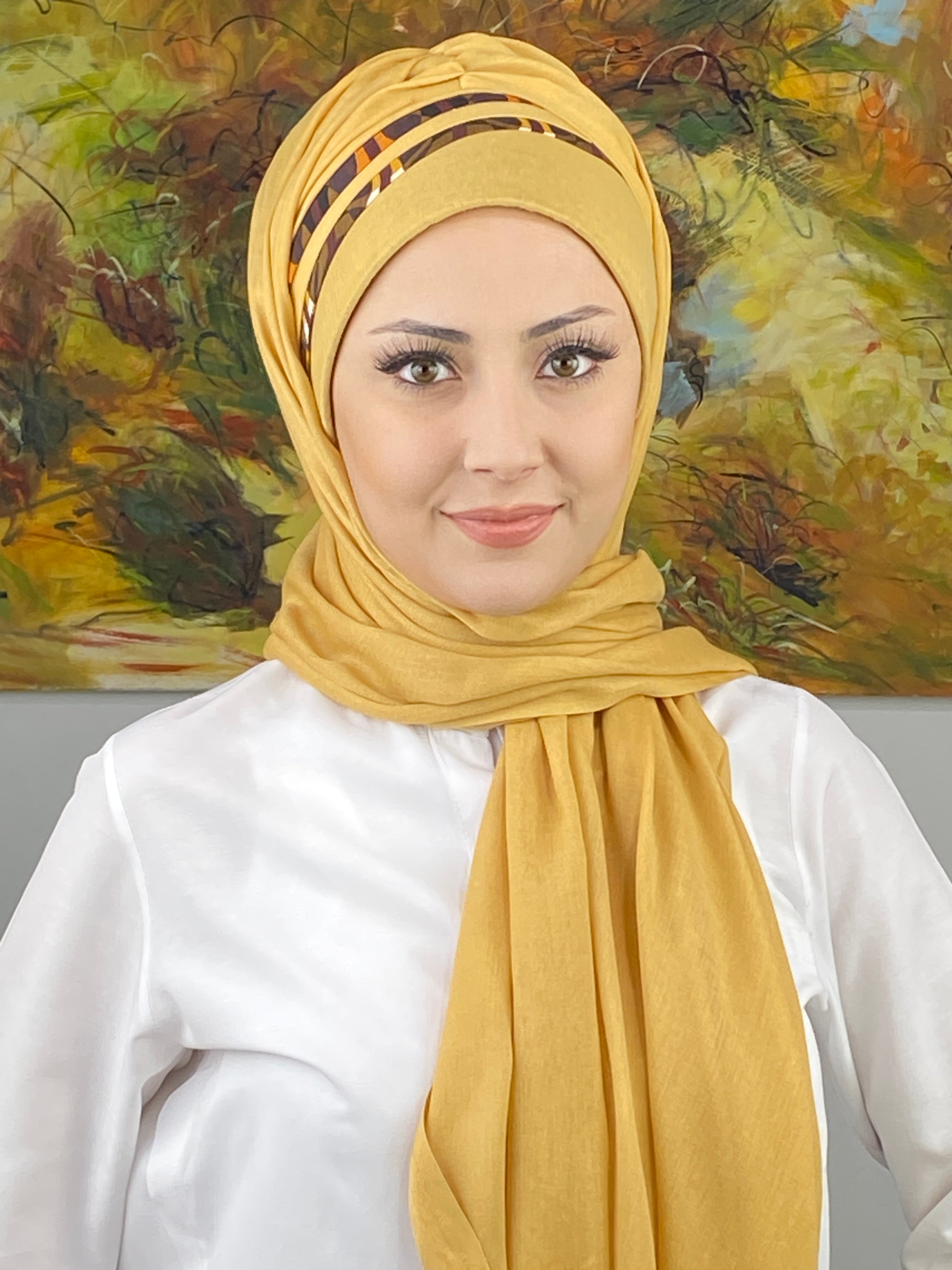 Saray Model Retro Desenli Açık Hardal Hazır Şal