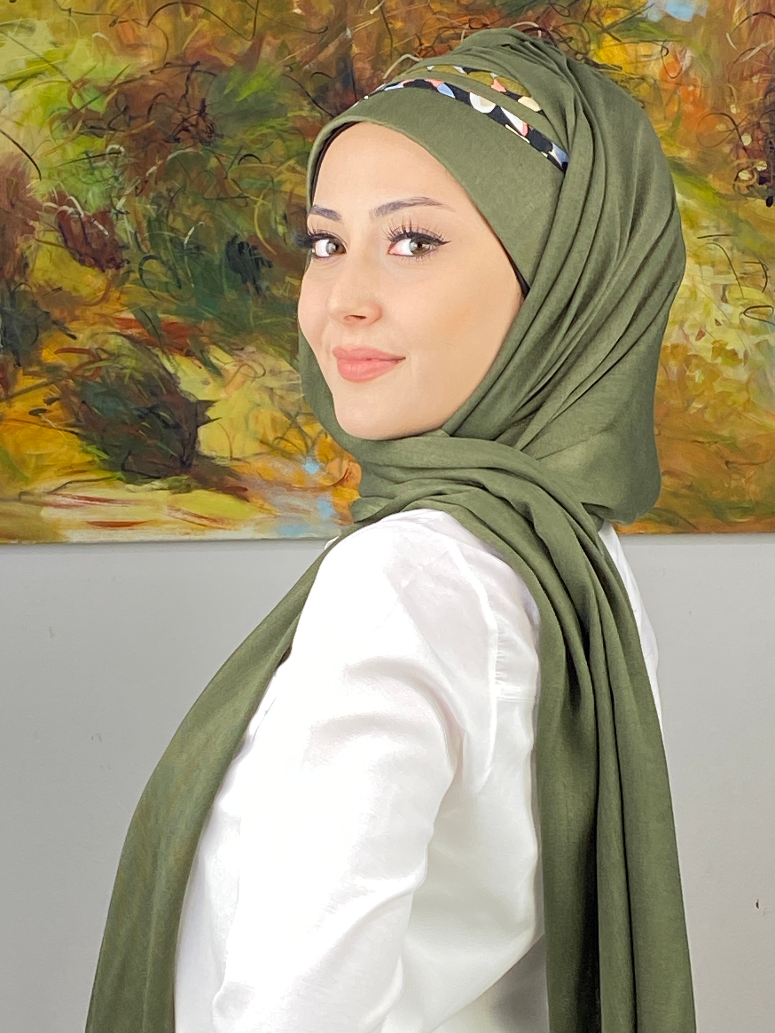 Saray Model Yeşil Çiçek Şeritli Yağ Yeşili Hazır Şal