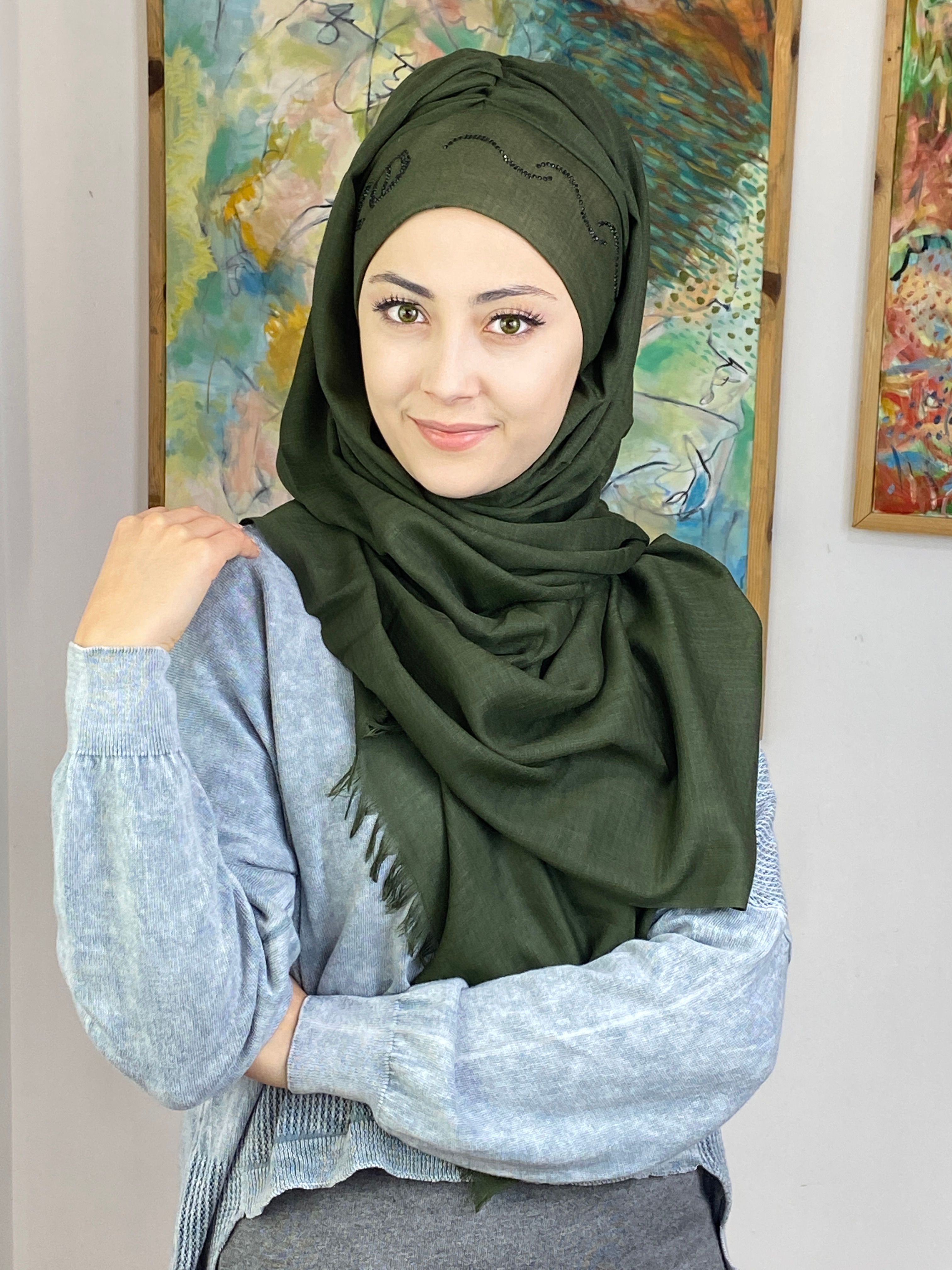 Taşlı Toka Modelli Şal - kına yeşili - siyah taşlı