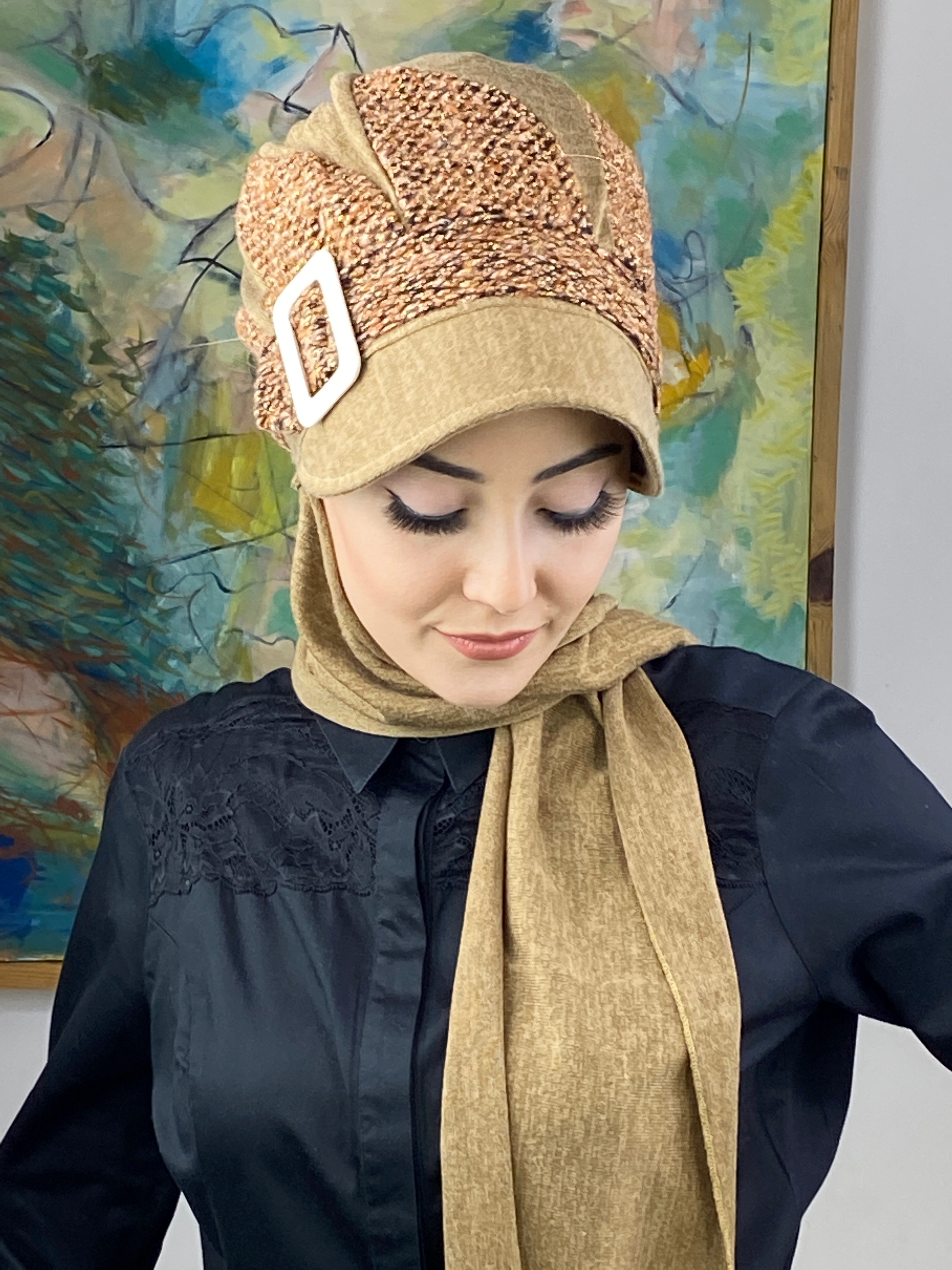 Damla Modell Haroşa Örgü Desenli Tesettür Şapka Şal