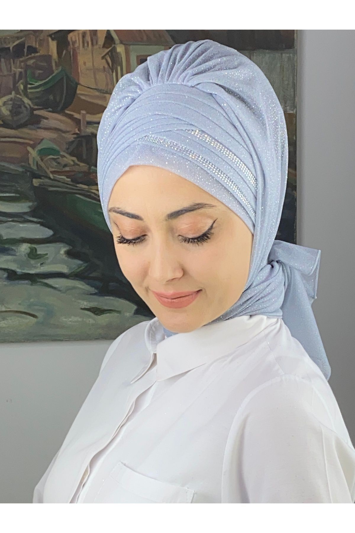 Gümüş Taşlı Drape Detaylı Simli Şal