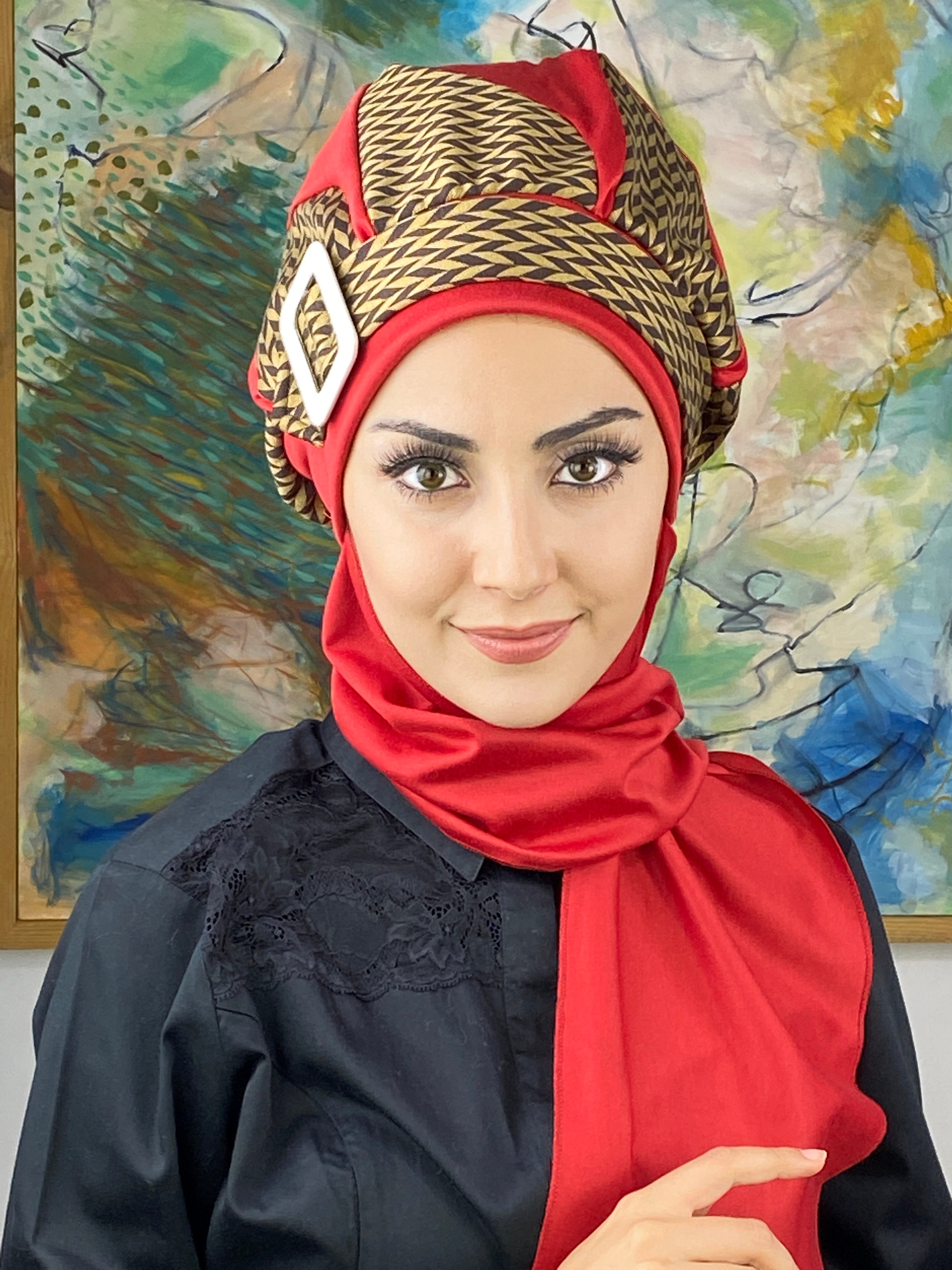 Damla Model Başak Desen Tesettür Bone - kırmızı