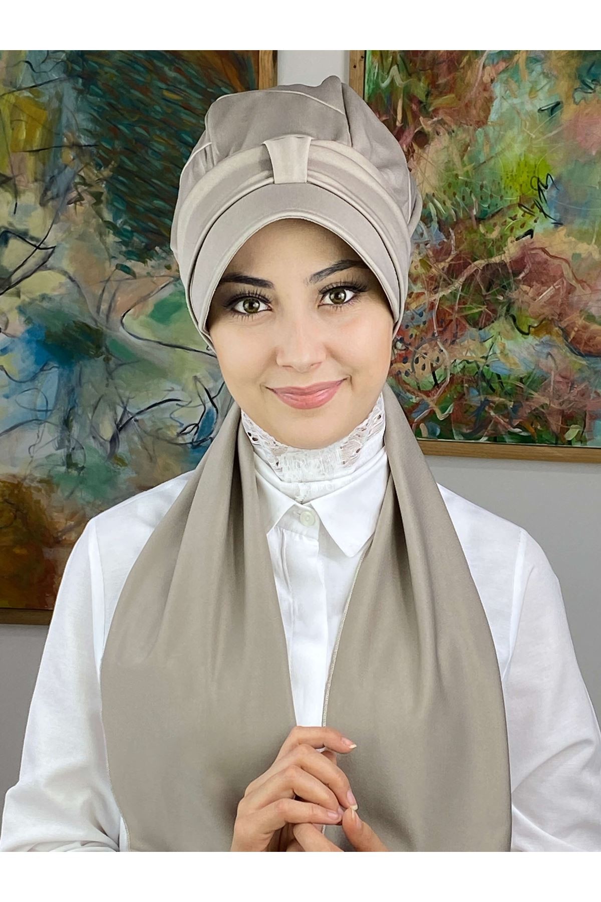 Taş Rengi Fularlı Şapka