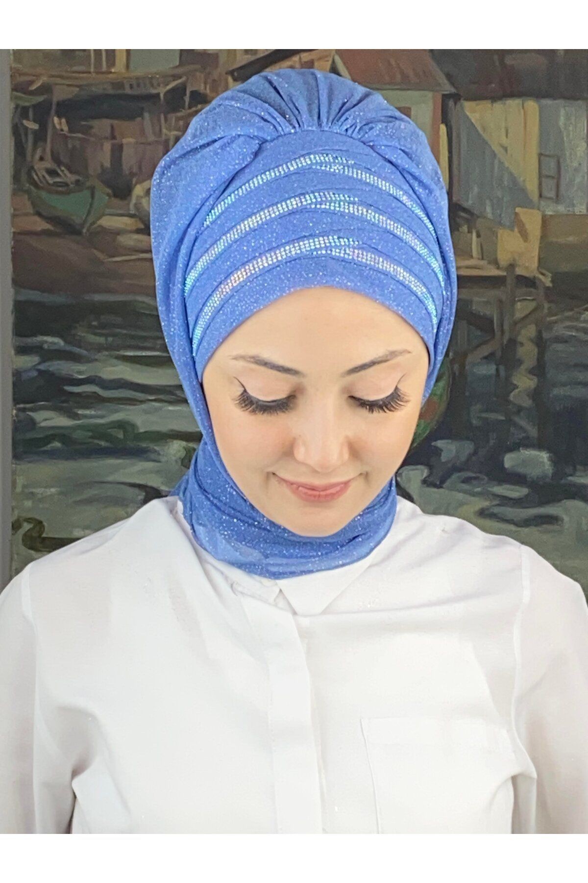 Lüks Topkapı Model Taşlı Simli Kısa Abiye İndigo Hazır Şal