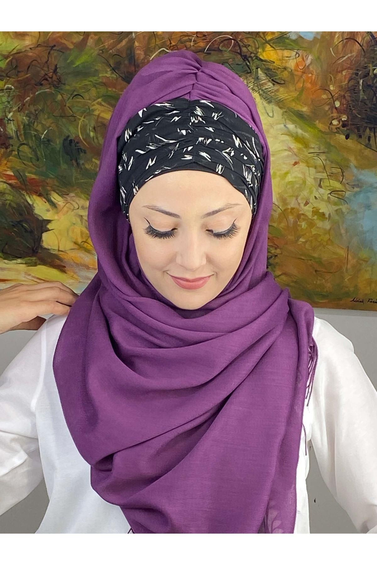 Siyah Beyaz Desenli Mor Büzgülü Hazır Şal