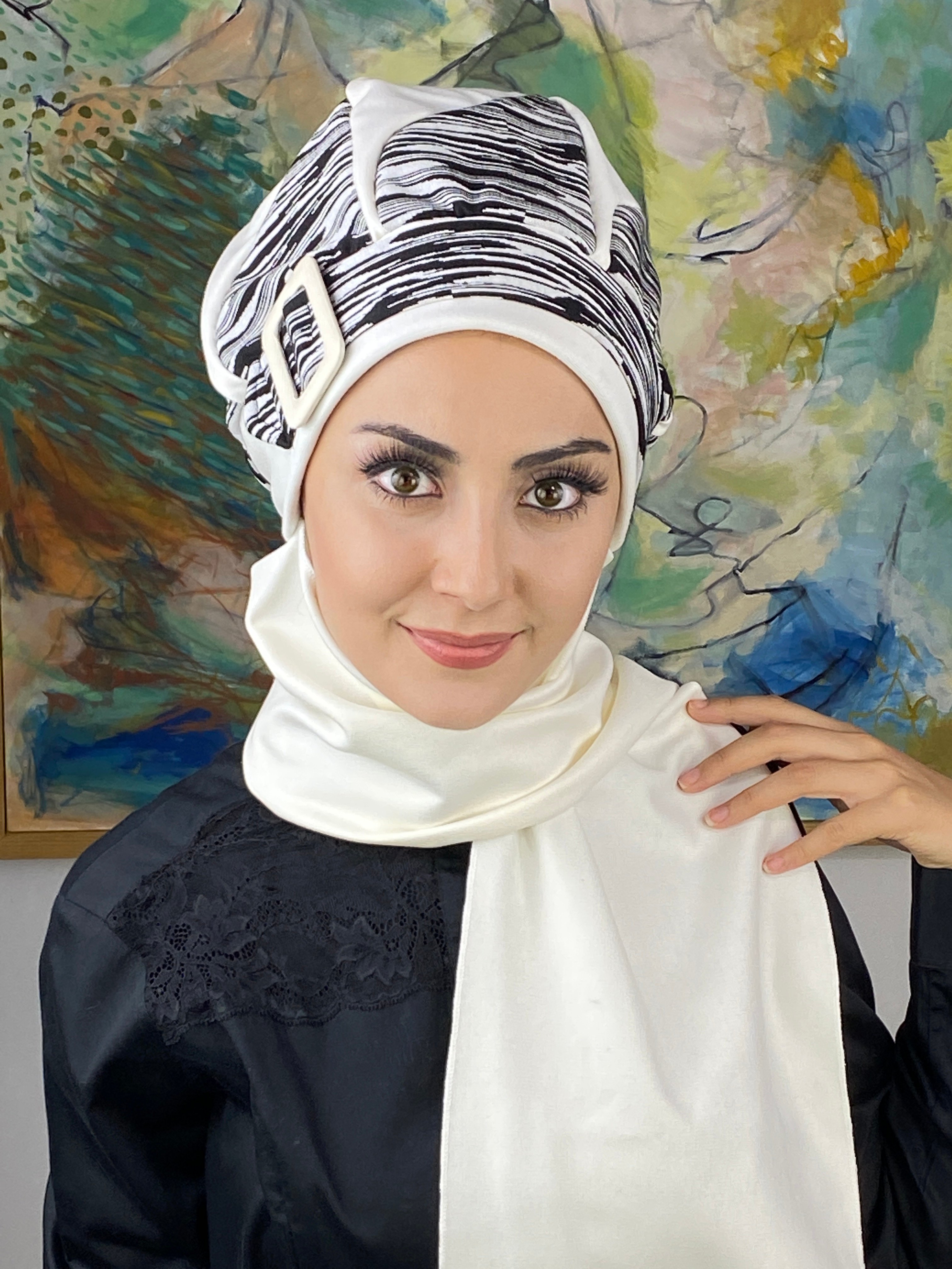 Damla Model Çizgili Tesettür Bere - beyaz
