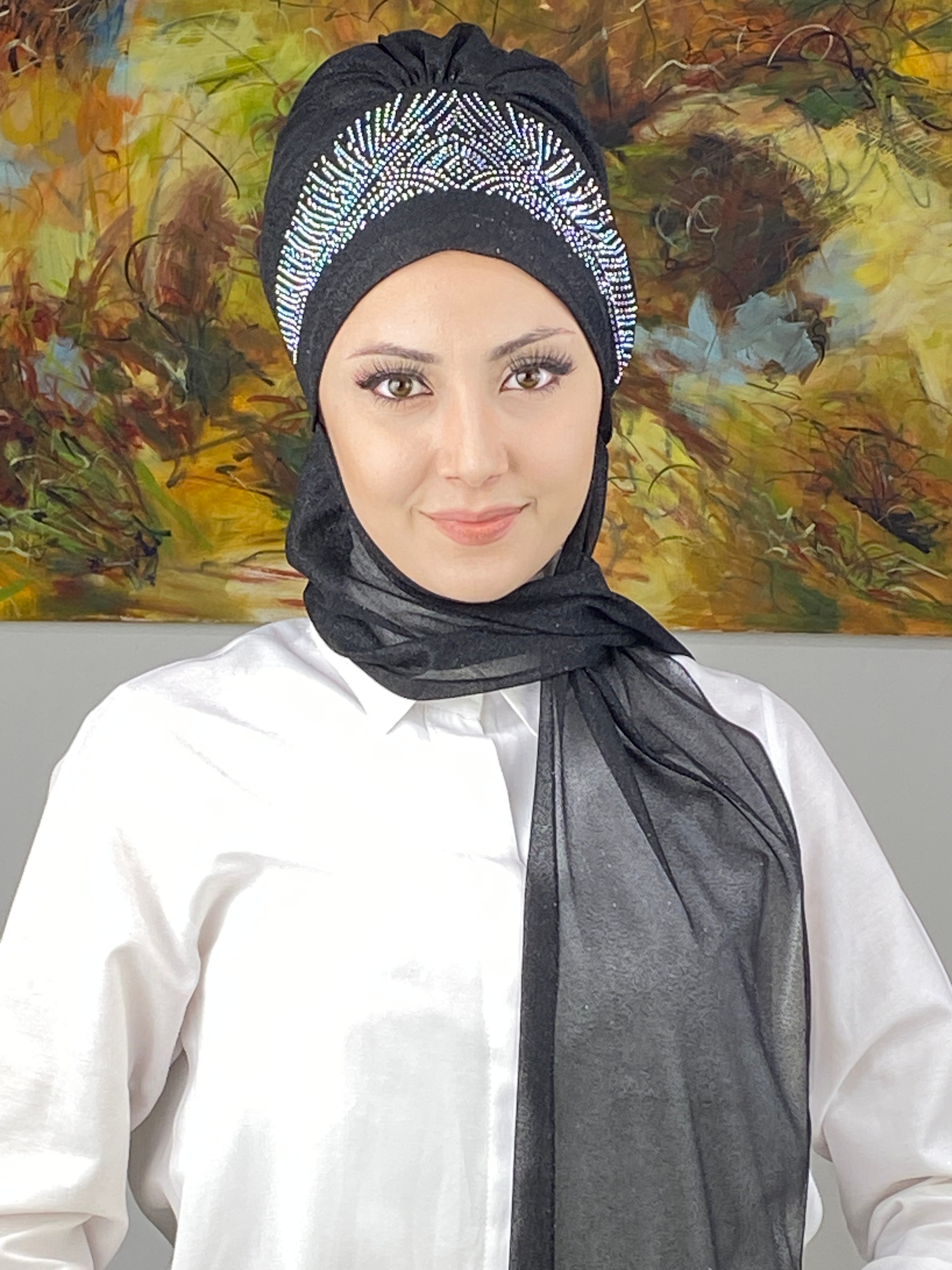 Kristal Taç Model Taşlı Abiye Atkılı Bone Şal