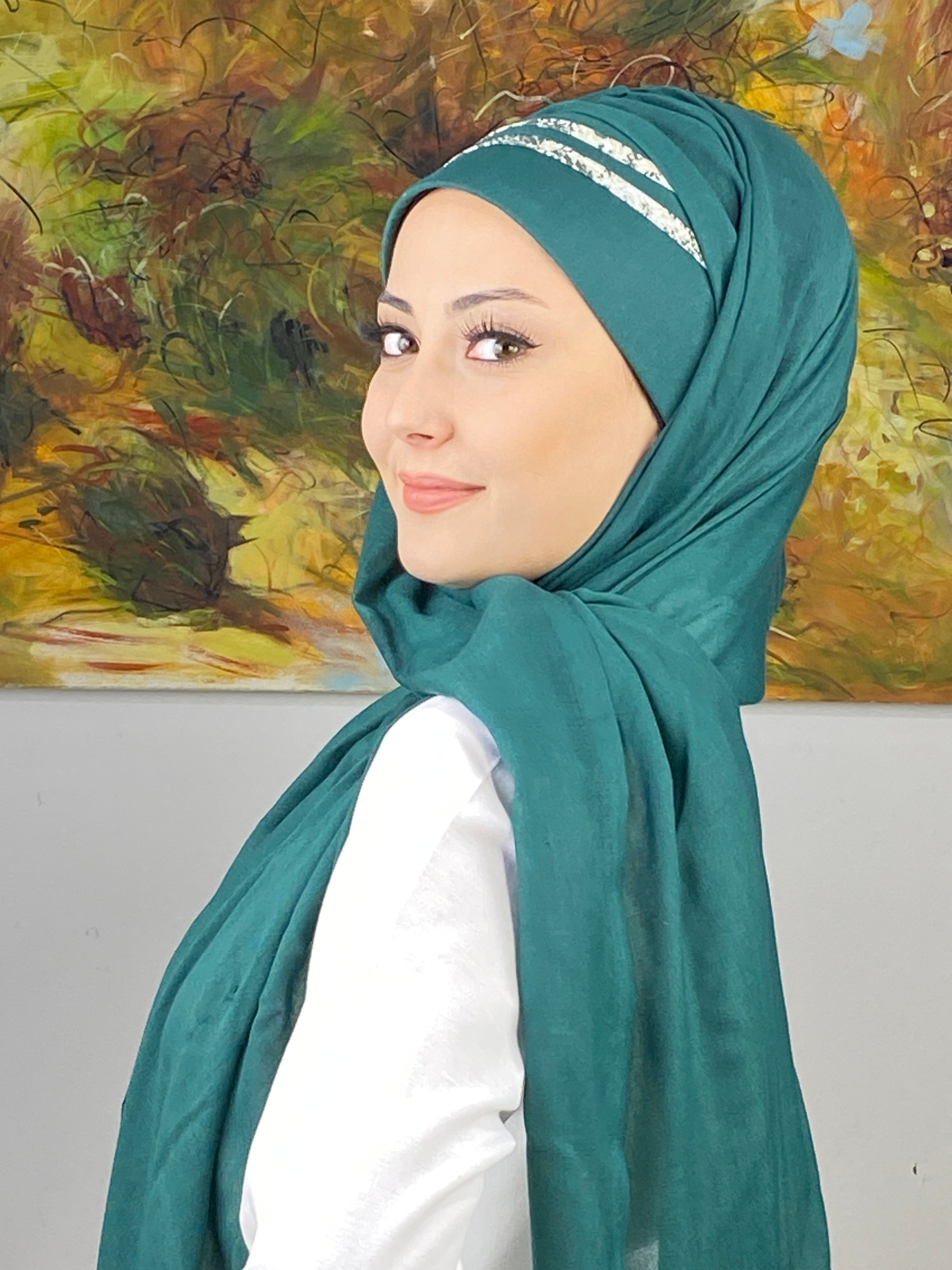Saray Model Minik Puantiyeli Şeritli Zümrüt Yeşili Hazır Şal
