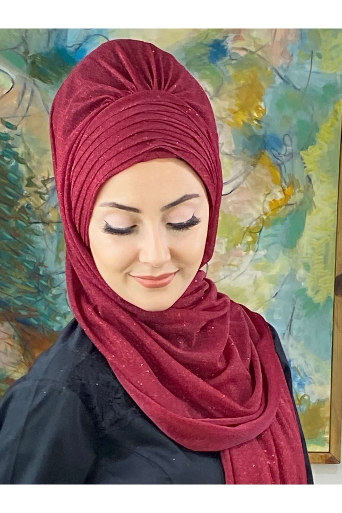 Simli Bordo Abiye Tesettür Şal