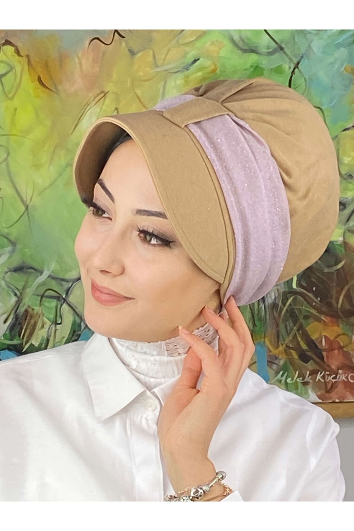 Cırtcırtlı Açık Lila Simli Şifon Fularlı Şapka