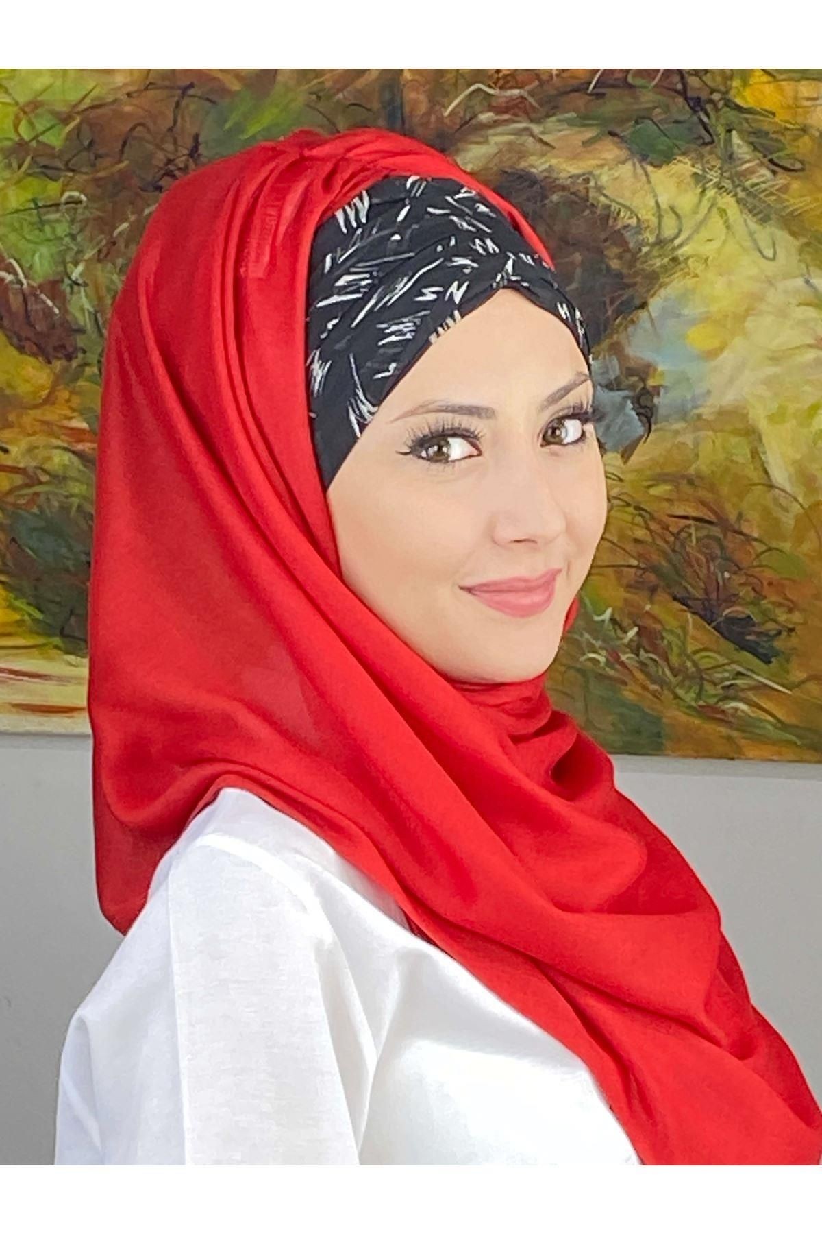 Siyah Beyaz Desenli Kırmızı Büzgülü Hazır Şal