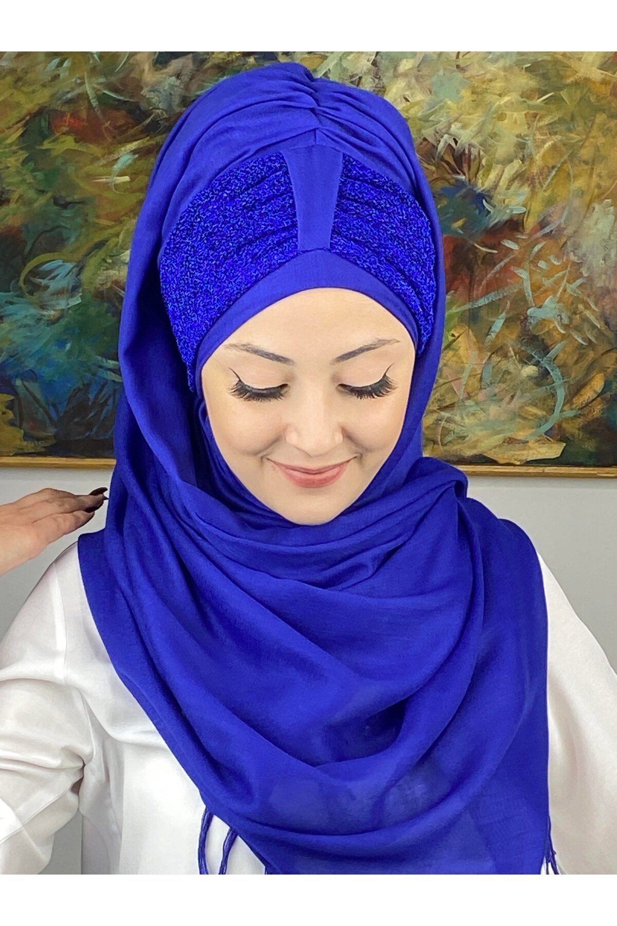 Tek Birirtli Büzgülü Hazır Türban Saks Mavisi Şal