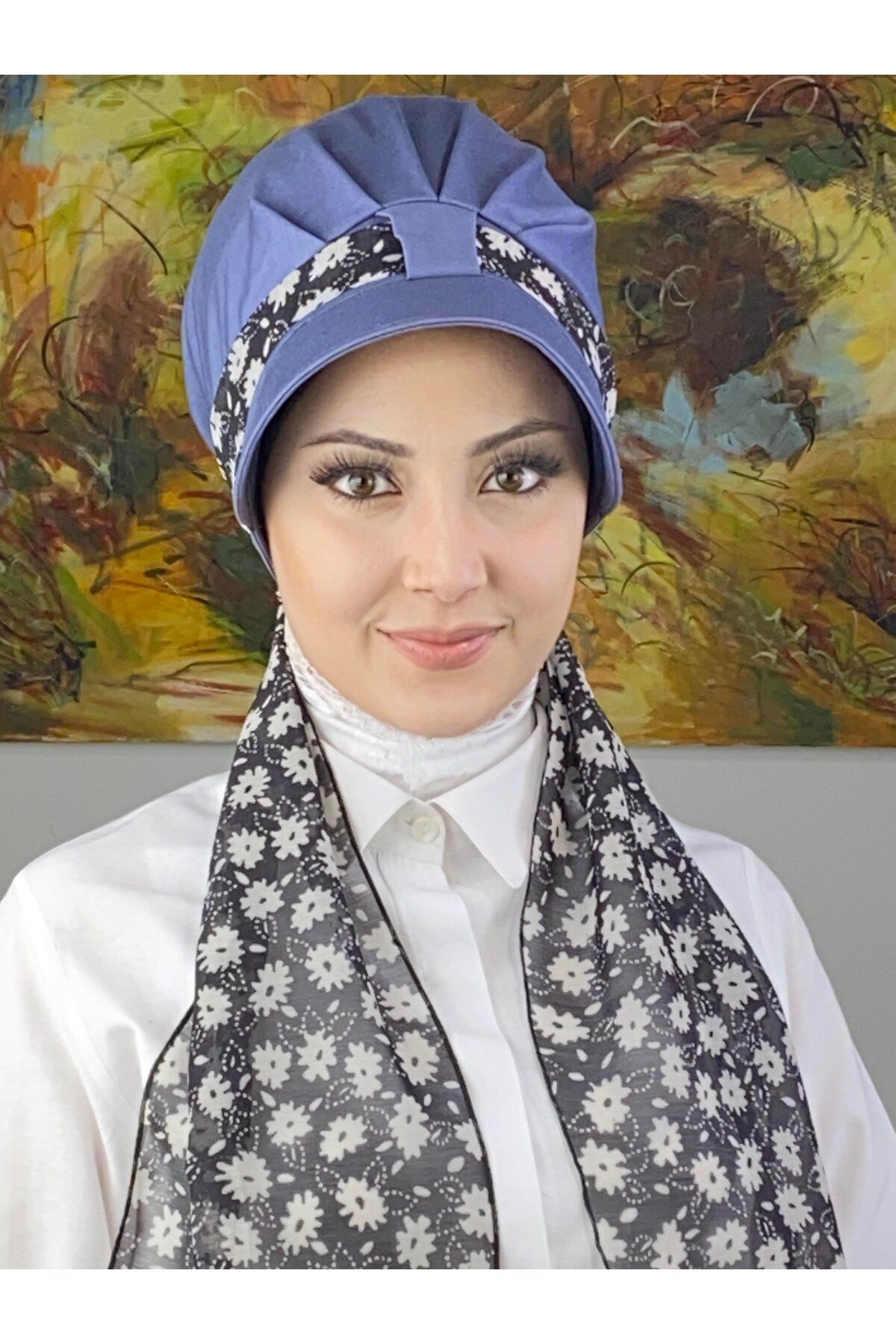 Floral Desenli Tek Biritli Fularlı Şapka
