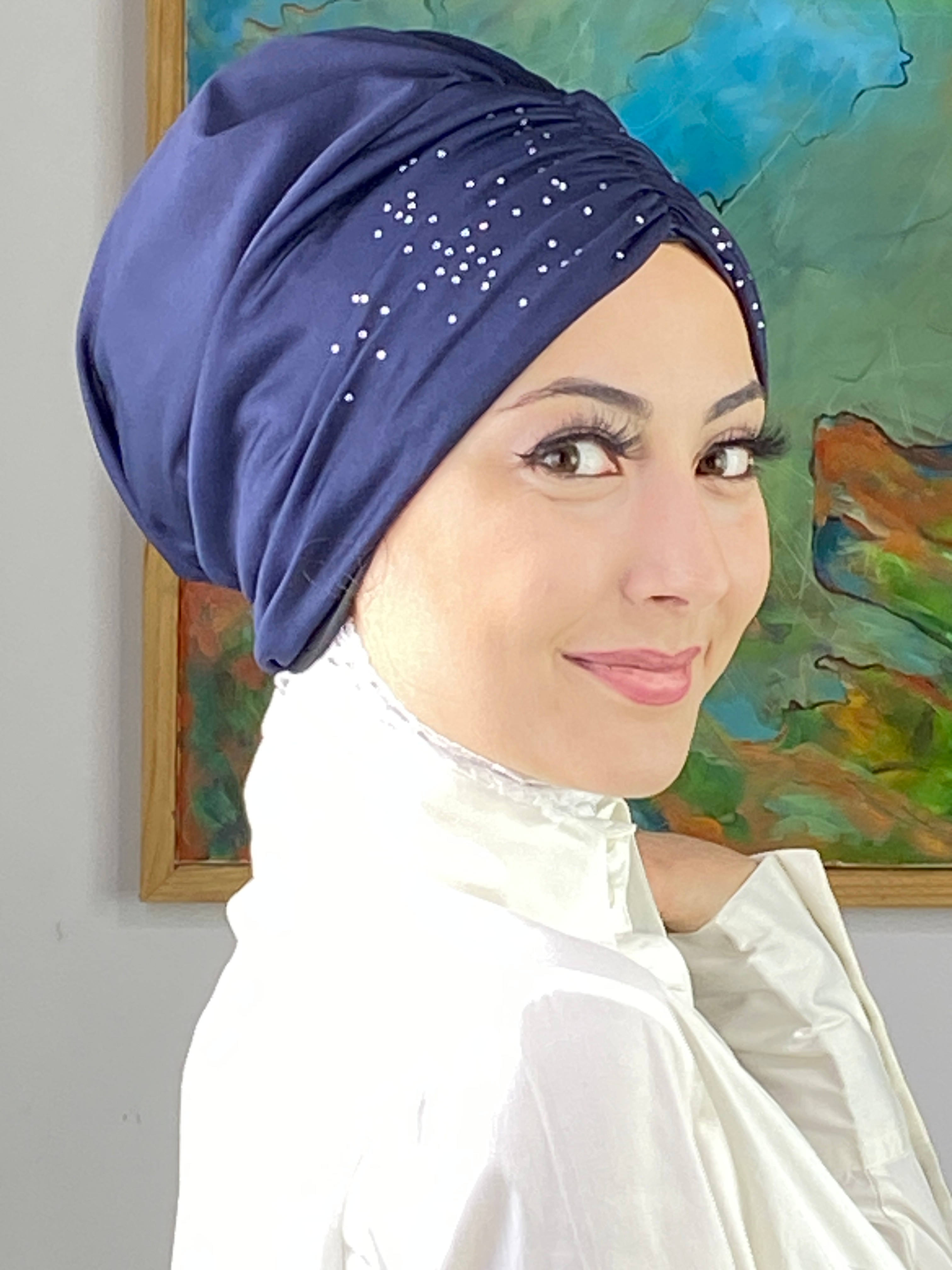 Sultan Model Taşlı Büzgülü Bone - lacivert