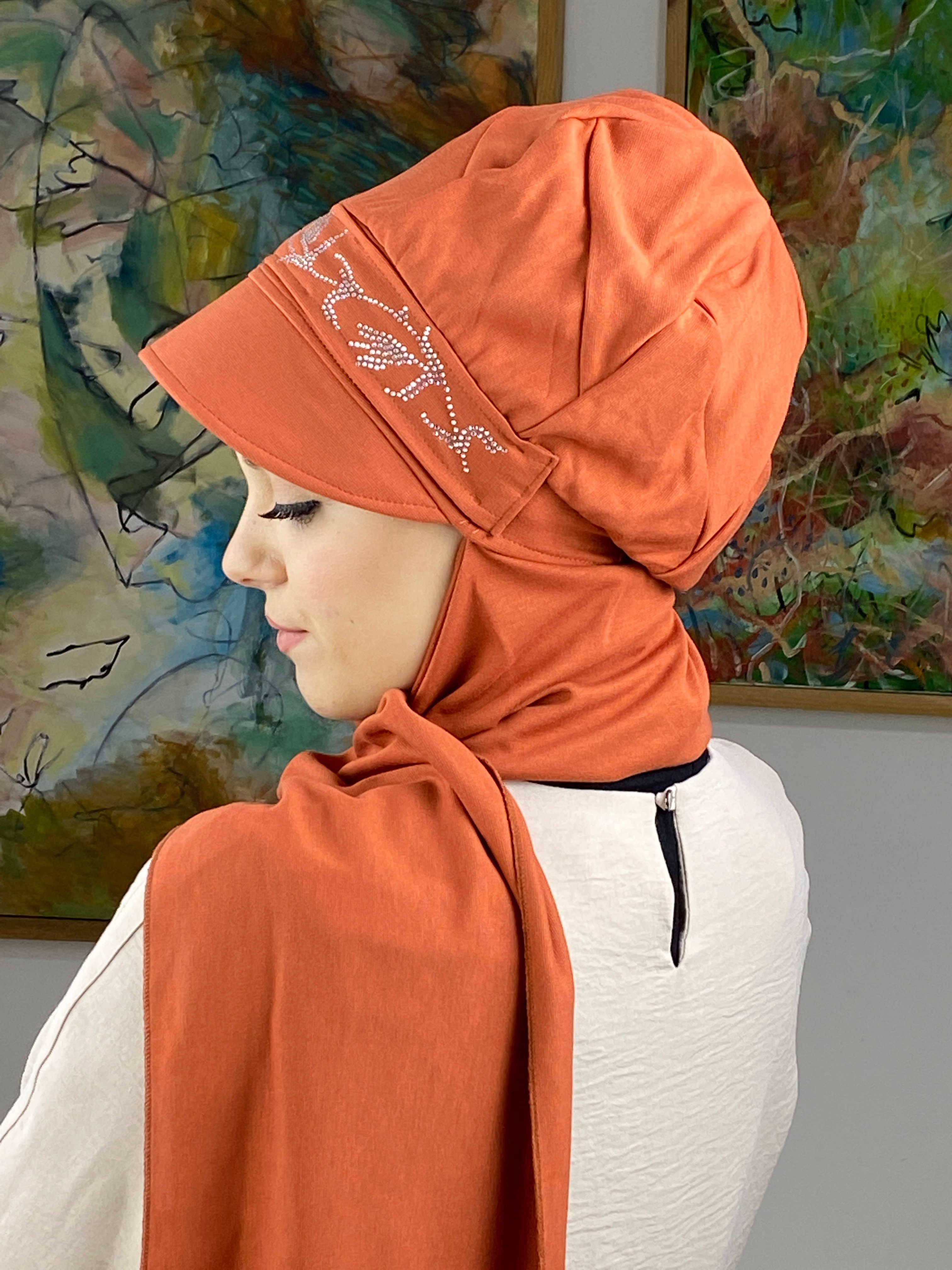 Taşlı Model Atkılı Şapka  - turuncu