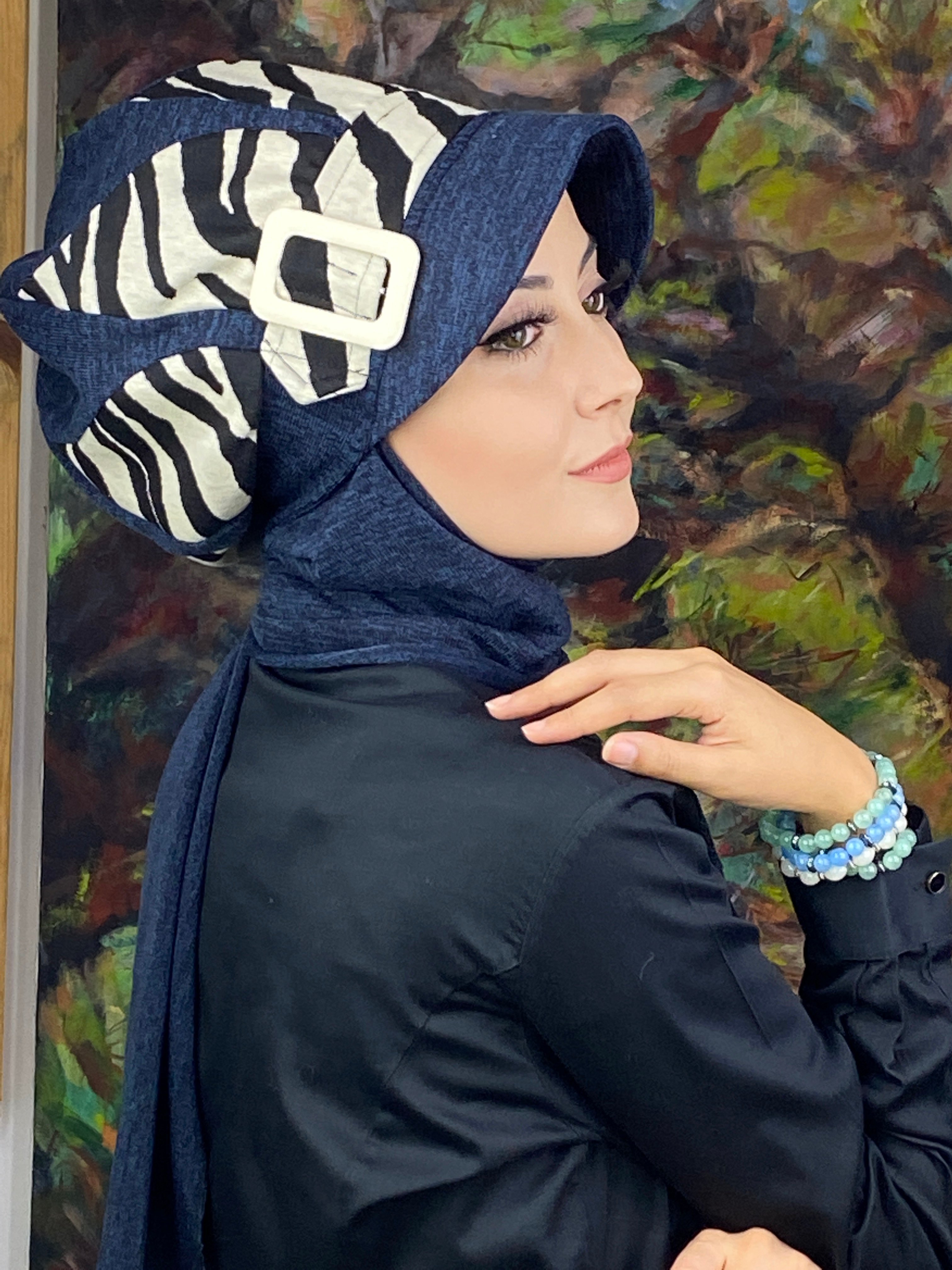 Damla Model İri Zebra Desenli Tesettür Şapka Şal