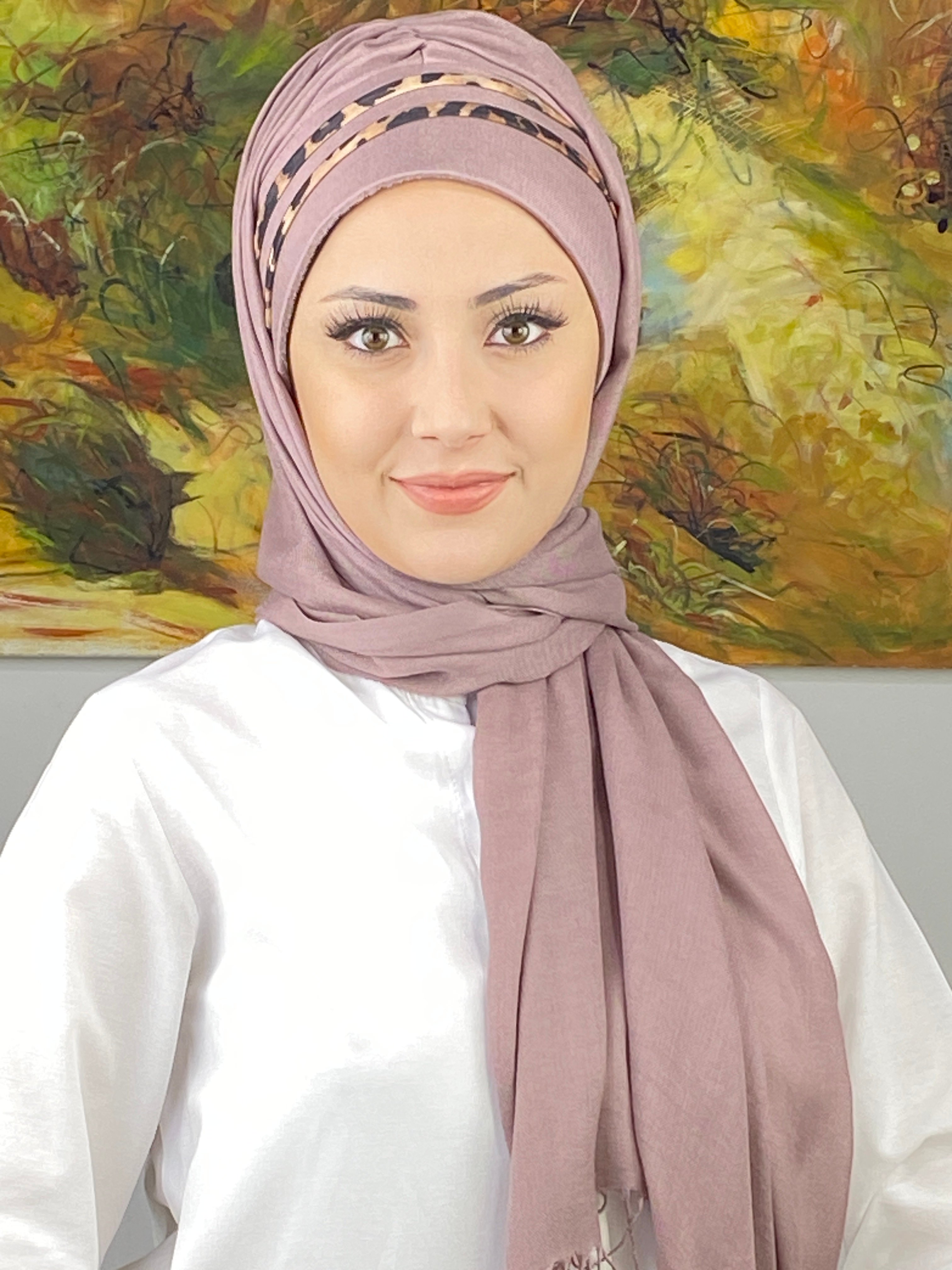 Saray Model Leopar Şerit Desenli Açık Lila Hazır Şal