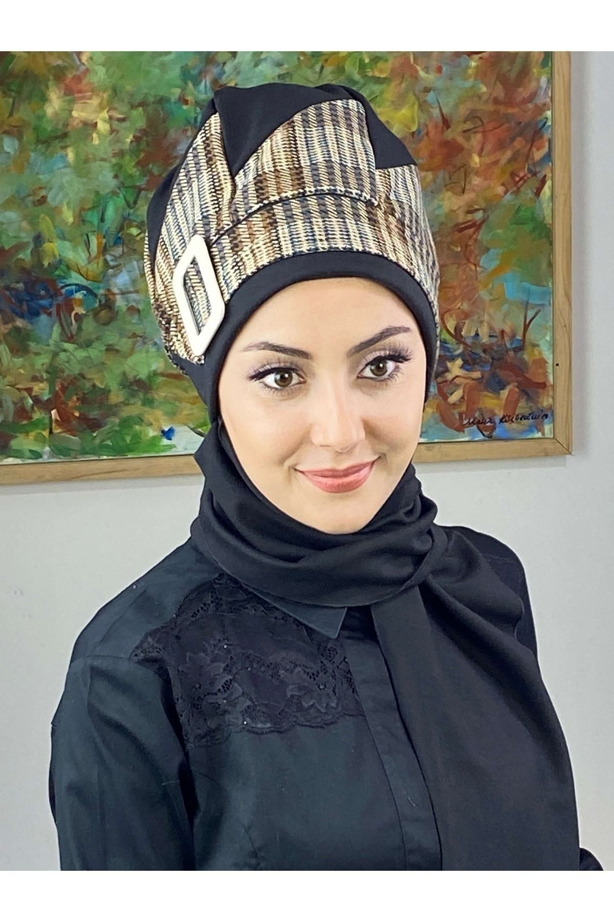 Çarkıfelek Siyah İri Ekose Desenli Atkılı Tesettür Bere