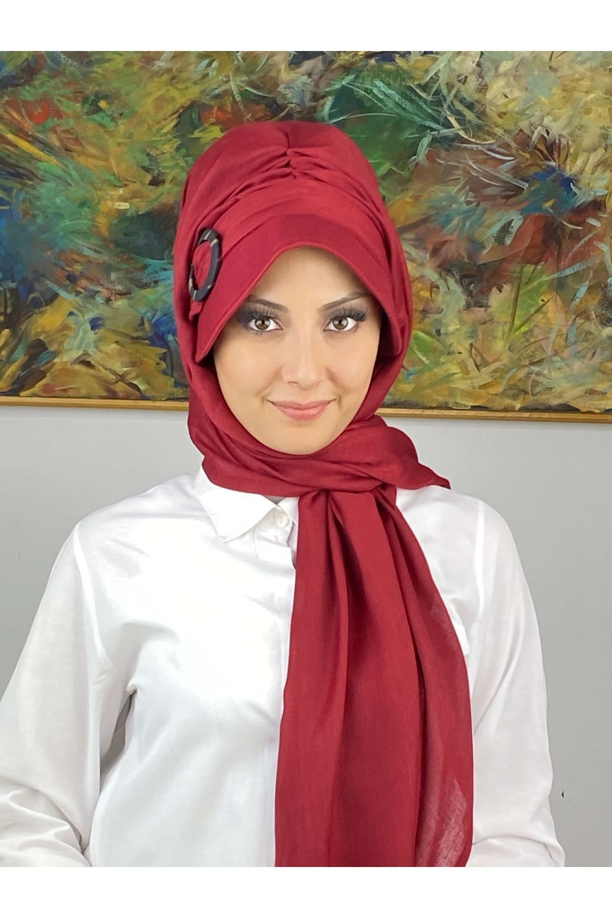 Bordo Renkli Tokalı Siperli Şapka Şal
