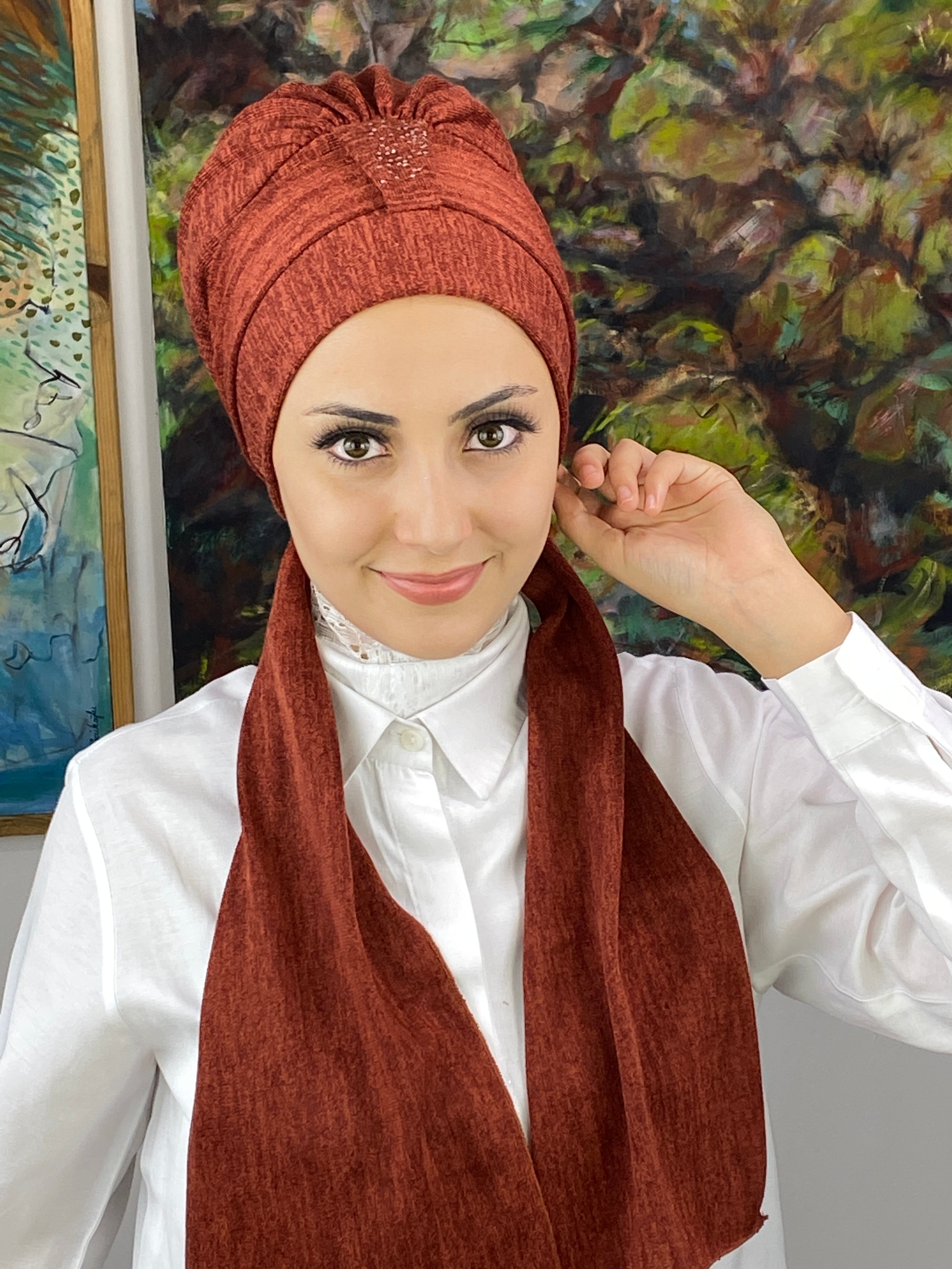 Hürrem Model Tek Biritli Taşlı Bone Şal - koyu kiremit