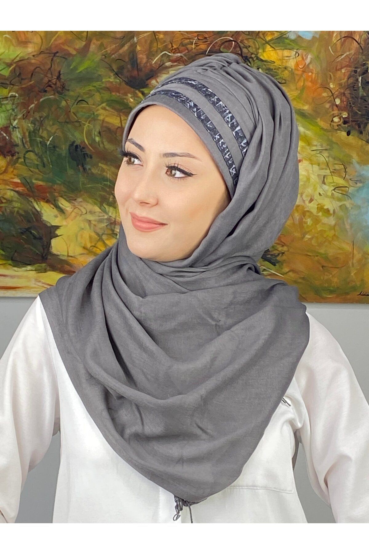 Topkapı Model Gri Soyut Desenli Şeritli Koyu Gri Hazır Şal