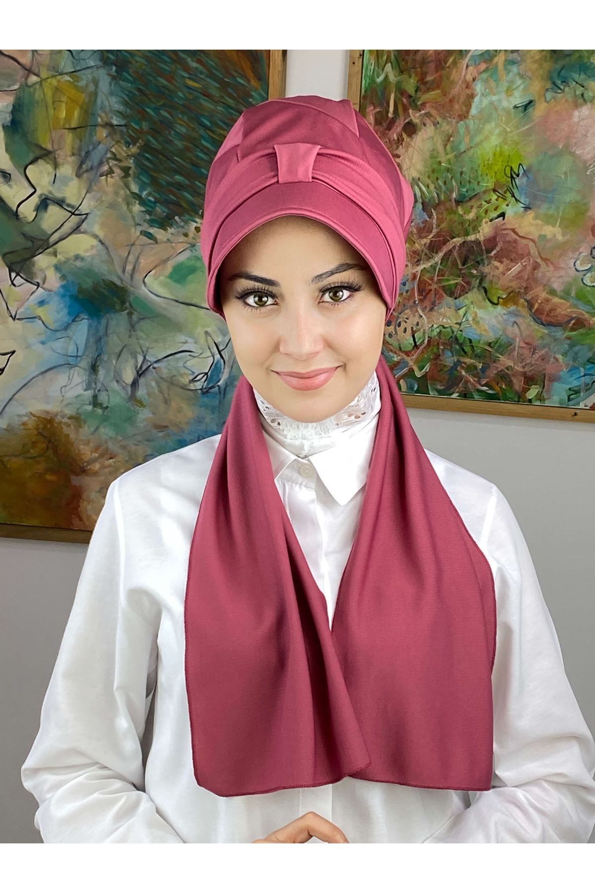 Açık Vişne Rengi Kendinden Fularlı Şapka