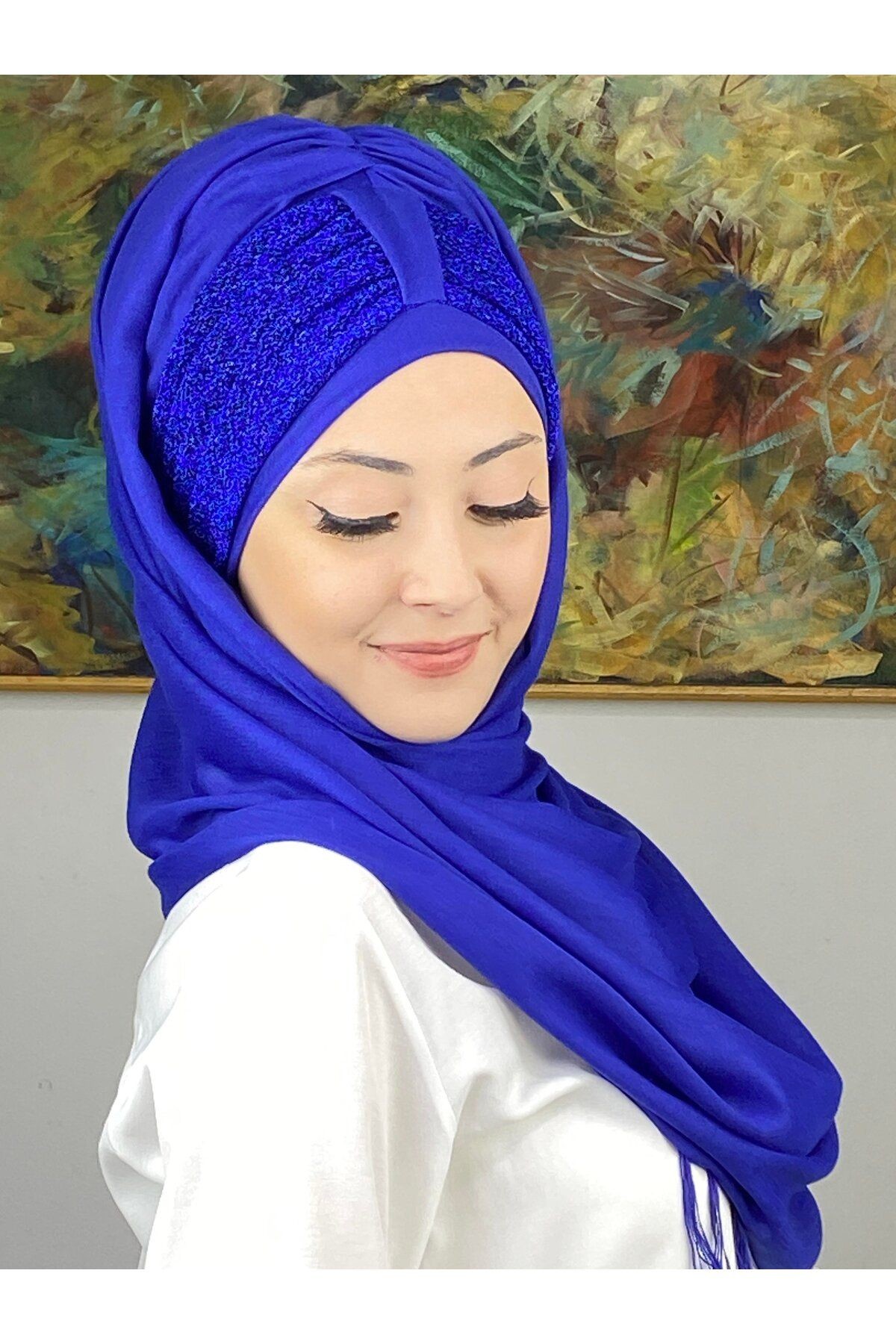 Tek Birirtli Büzgülü Hazır Türban Saks Mavisi Şal