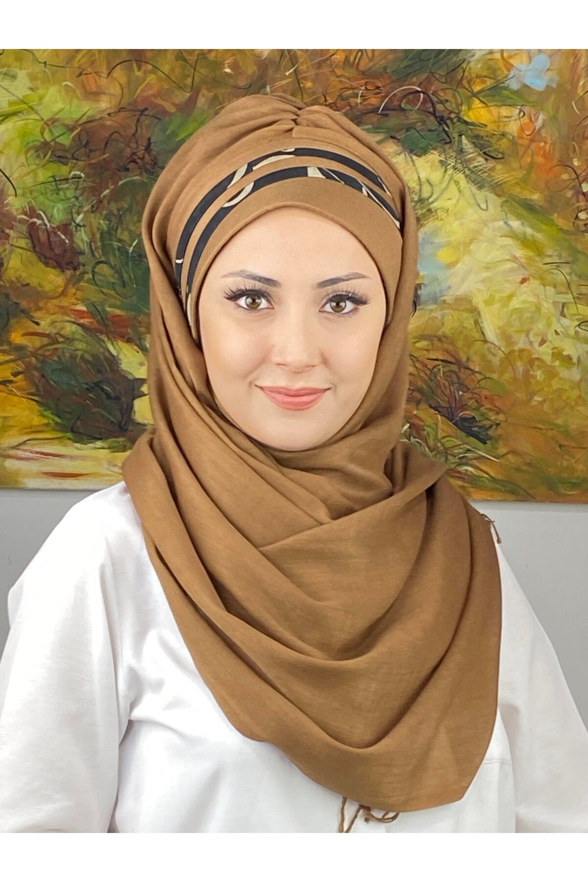 Saray Model Siyah Şeritli Desen Açık Sütlü Kahve Hazır Şal
