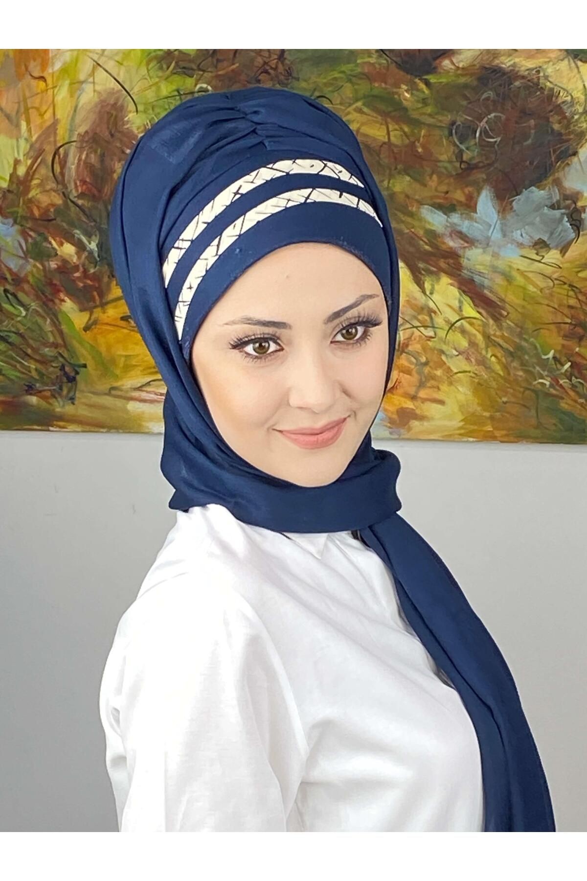Saray Model Yan Drapeli Krem Şeritli Desen Hazır Şal