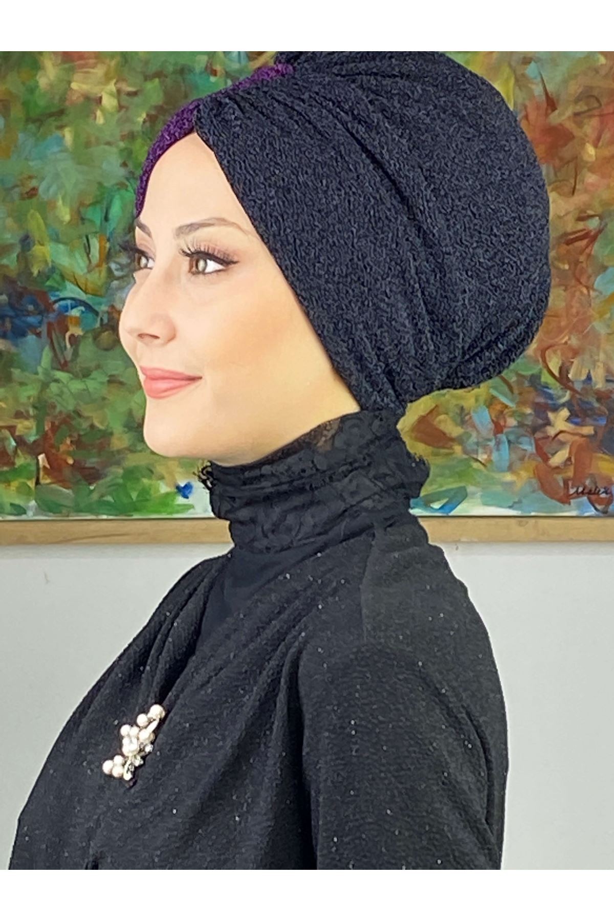 Sultan Model Siyah Mor Çift Renkli Büzgülü Dış Bone