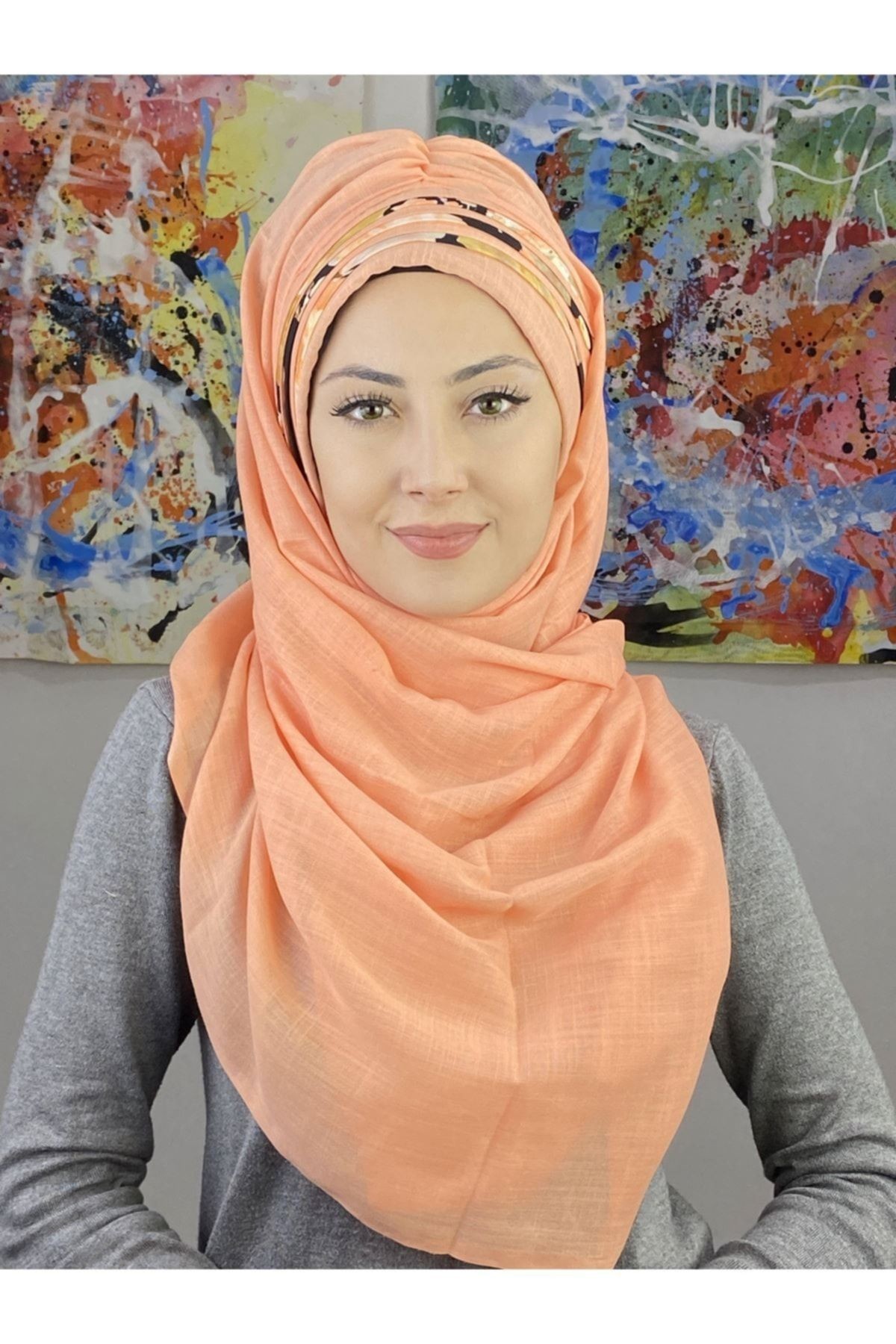 Açık Somon Çiçekli Asimetrik Drapeli Şal