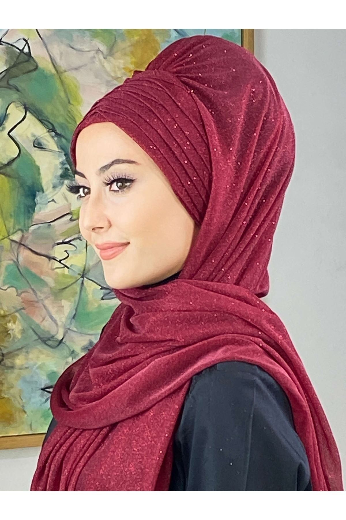 Simli Bordo Abiye Tesettür Şal