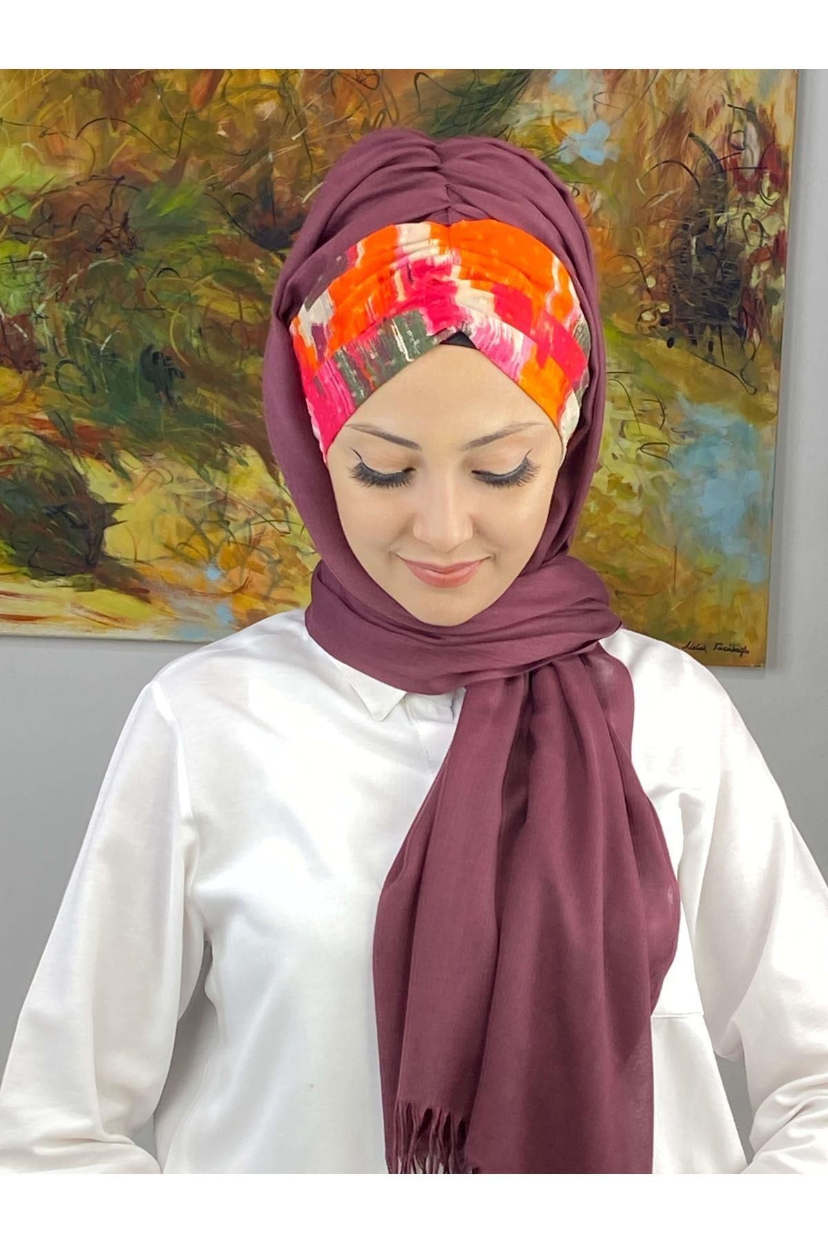 Zebra Desenli Açık Mürdüm Büzgülü Hazır Şal