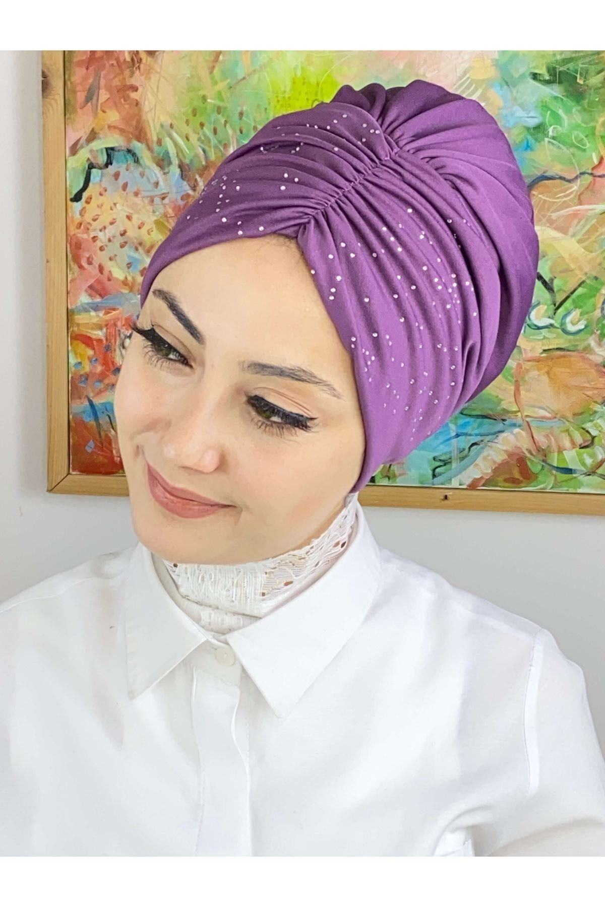 Mor Krep  Büzgülü Taşlı Bone