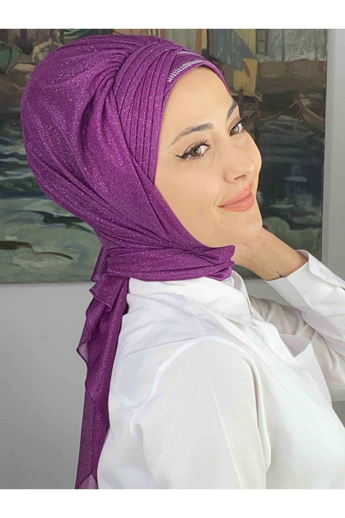 Gümüş Taşlı Drape Detaylı Simli Şal