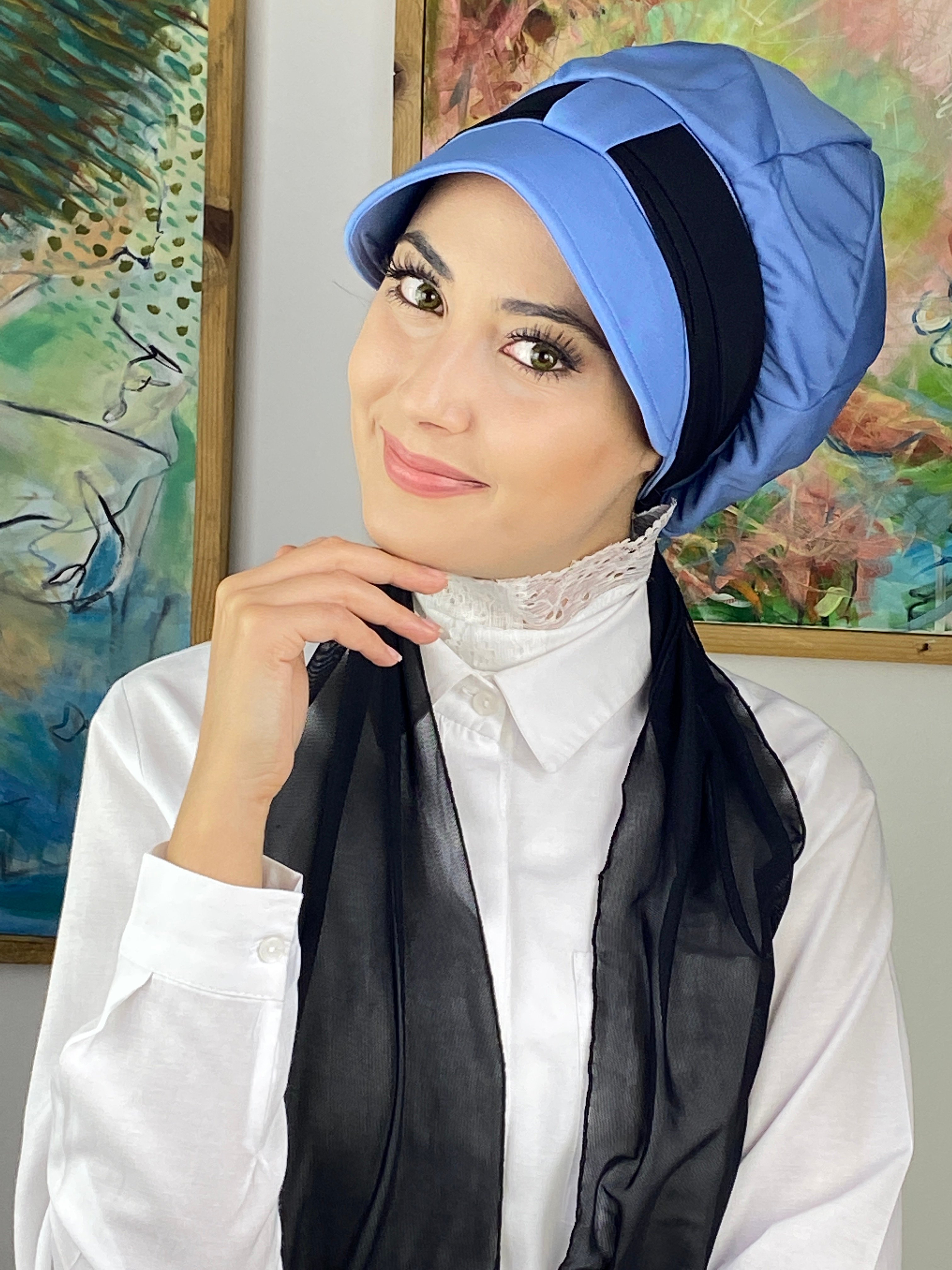 Tek Biritli Fularlı Şapka - mavi -siyah