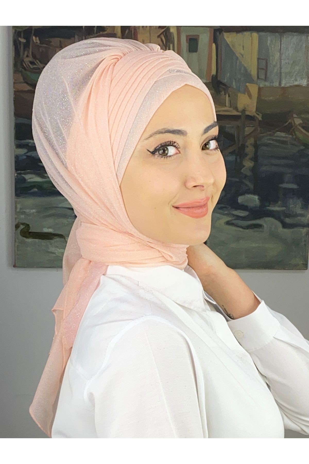 Gümüş Taşlı Drape Detaylı Simli Şal