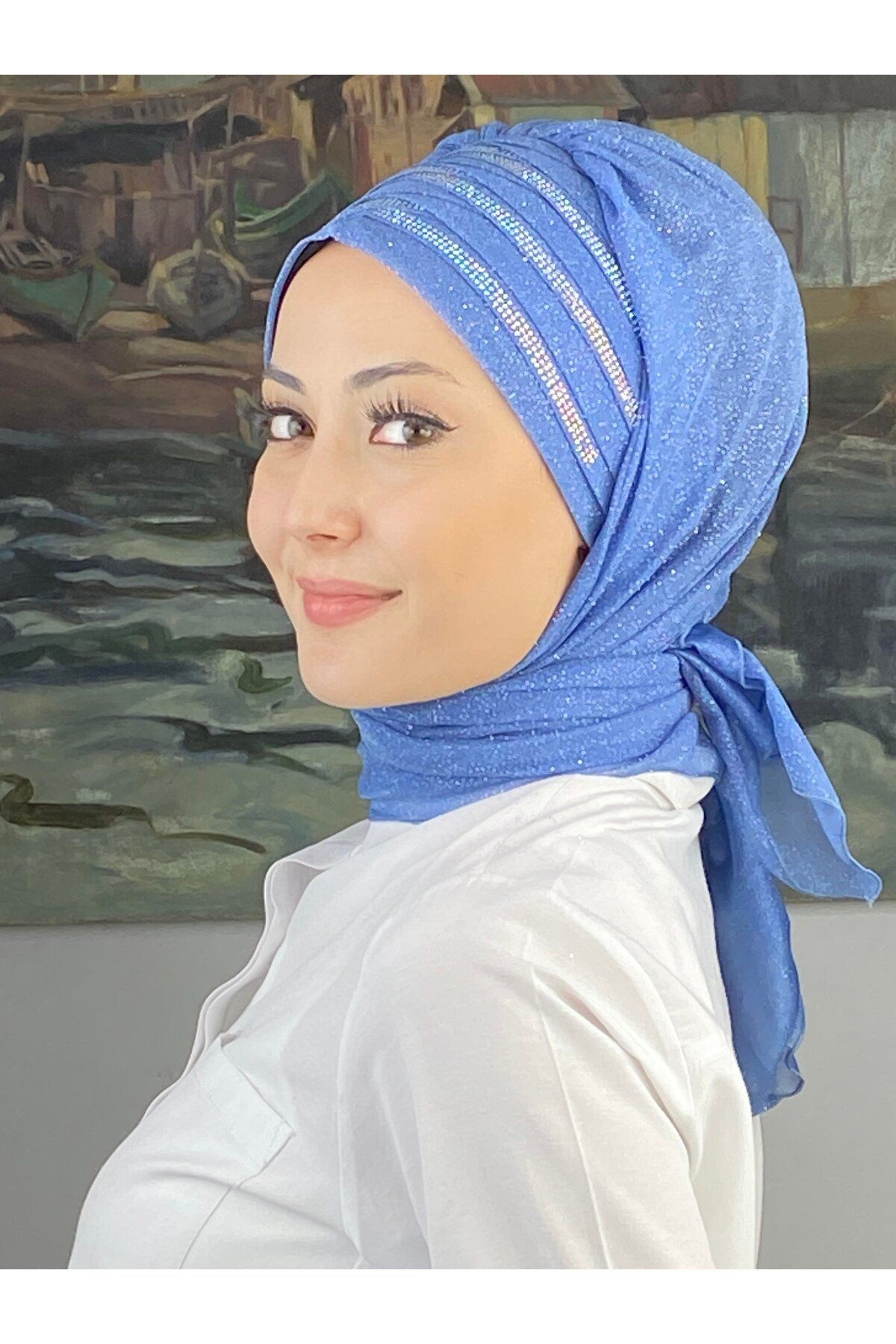 Lüks Topkapı Model Taşlı Simli Kısa Abiye İndigo Hazır Şal