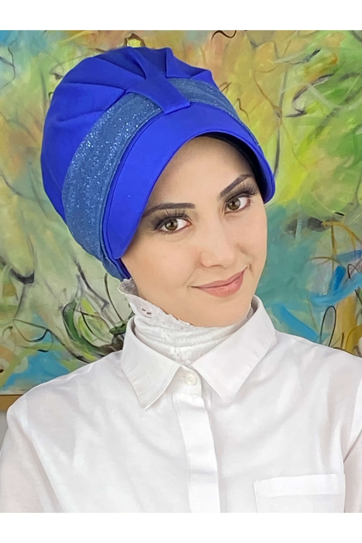 Cırtcırtlı Açık Mavi Şifon Fularlı Şapka