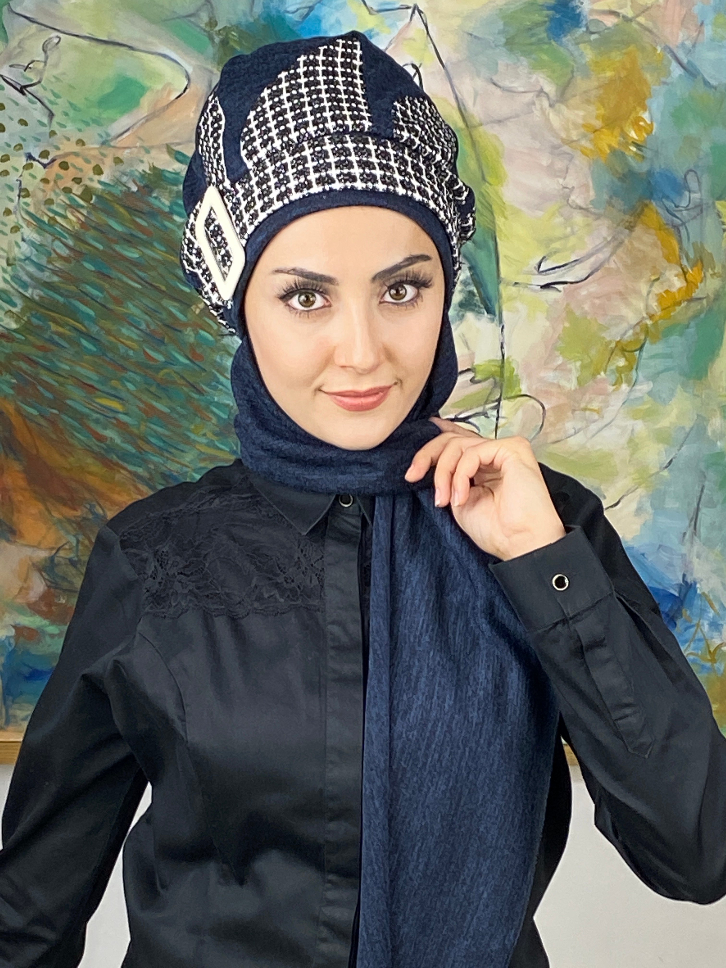 Damla Model Kare Ekoseli Tesettür Bere - lacivert