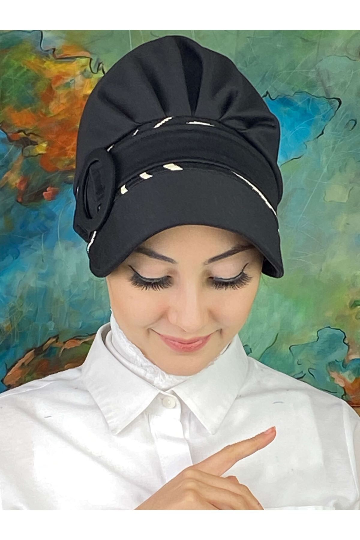 Nazlı Model Tokalı Zebra Desenli Tesettür Siyah Şapka